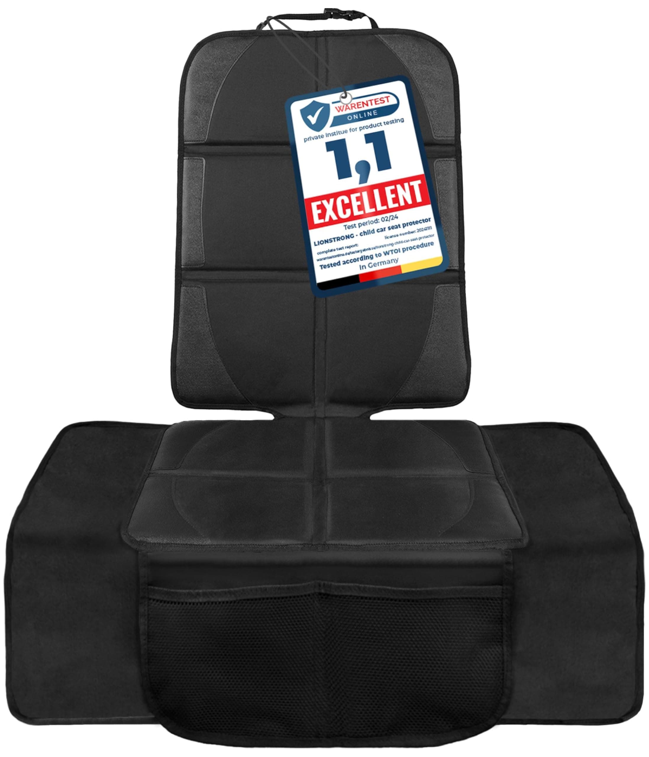 LIONSTRONG Protector Seguro para Asiento Infantil - PROTECCIÓN Extra - Extra Protege tu Coche - Fundas para sillas de Coche - ISOFIX - Negro