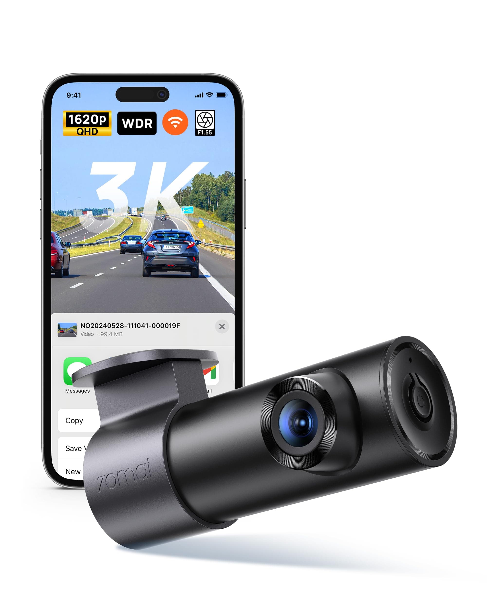 70mai Dash Cam M310 Plus 3K, 1620P Dashcam Auto, WiFi, Visione Notturna, Registrazione Time-lapse, WDR, Registrazione in Loop, Modalità Parcheggio, WiFi, APP, Max 256 GB
