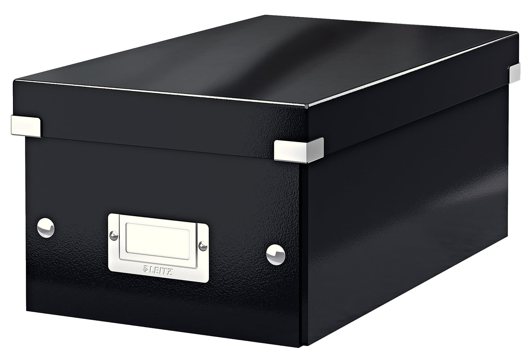 Leitz, Boîte de rangement Click & Store, Format DVD (20,6 x 14,7 x 35,2 cm), adapté aux DVD et autres objets, Pour le bureau, la maison, Montage bouton pression, Carton recyclé à 84%, Noir, 60420095