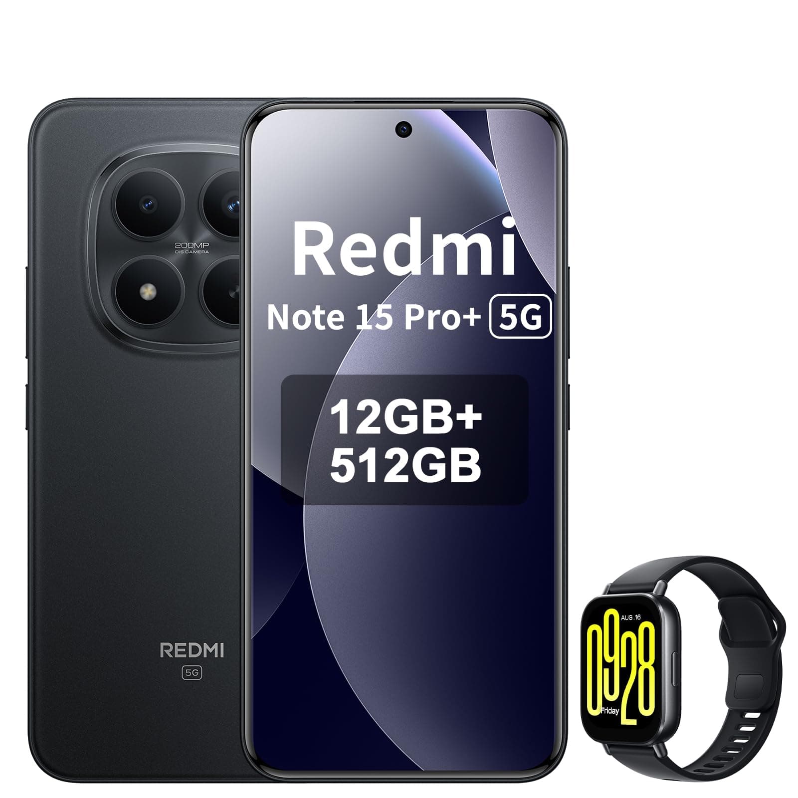 XIAOMI REDMI Note 15 Pro+ 5G Smartphone - 12+512 GB, 6.83" AMOLED Display, 1.5 K AMOLED Screen, Snapdragon 7s Gen 4, 200 MP Camera, Nero, incluso Smart Watch