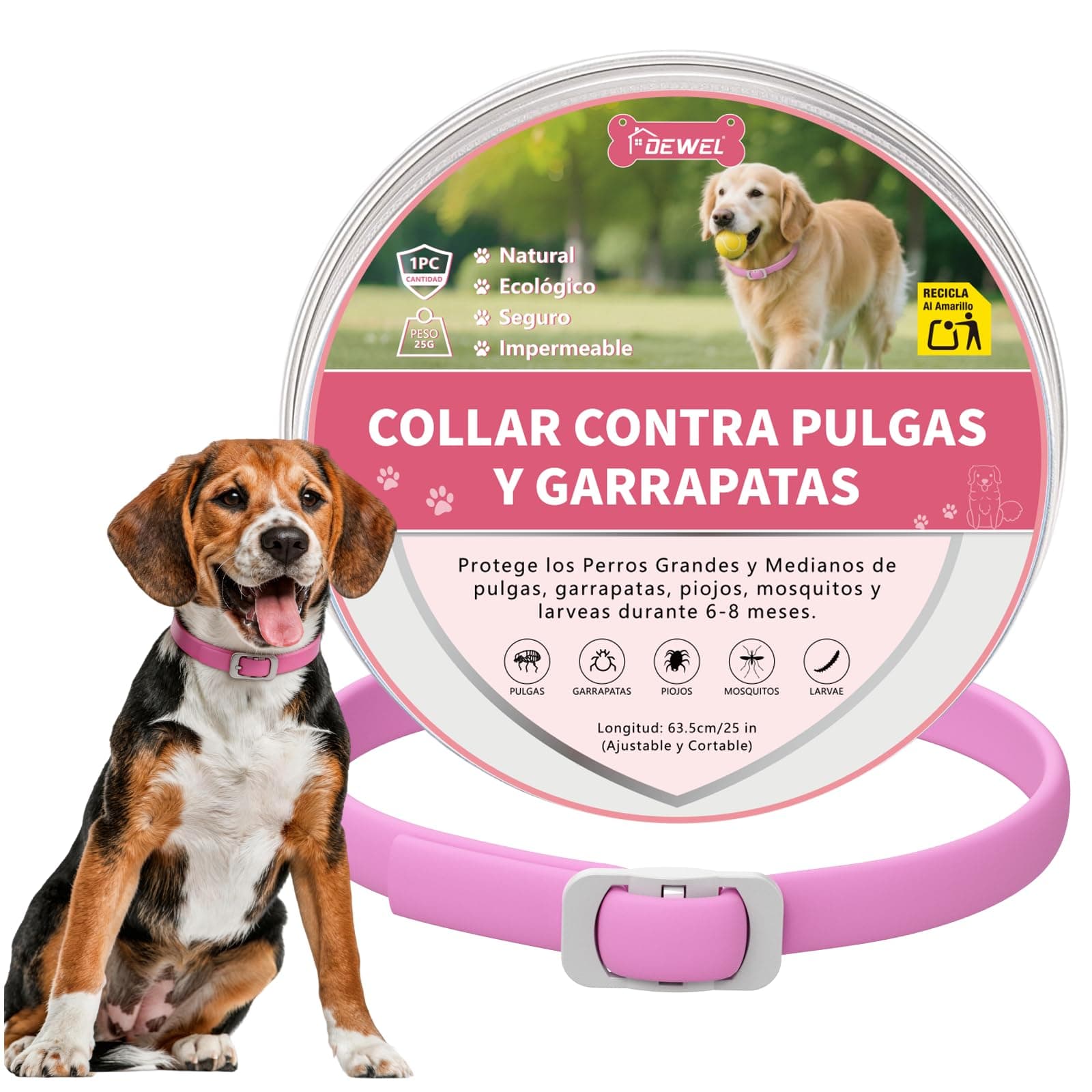 DEWEL Collar Antiparasitarios para Perros Grandes y Medianos 63,5 cm, Protege Perros de Pulgas, Garrapatas, Mosquitos, Piojos de 8 Meses, Cuello contra Pulgas y Garrapatas Ajustable Rosa
