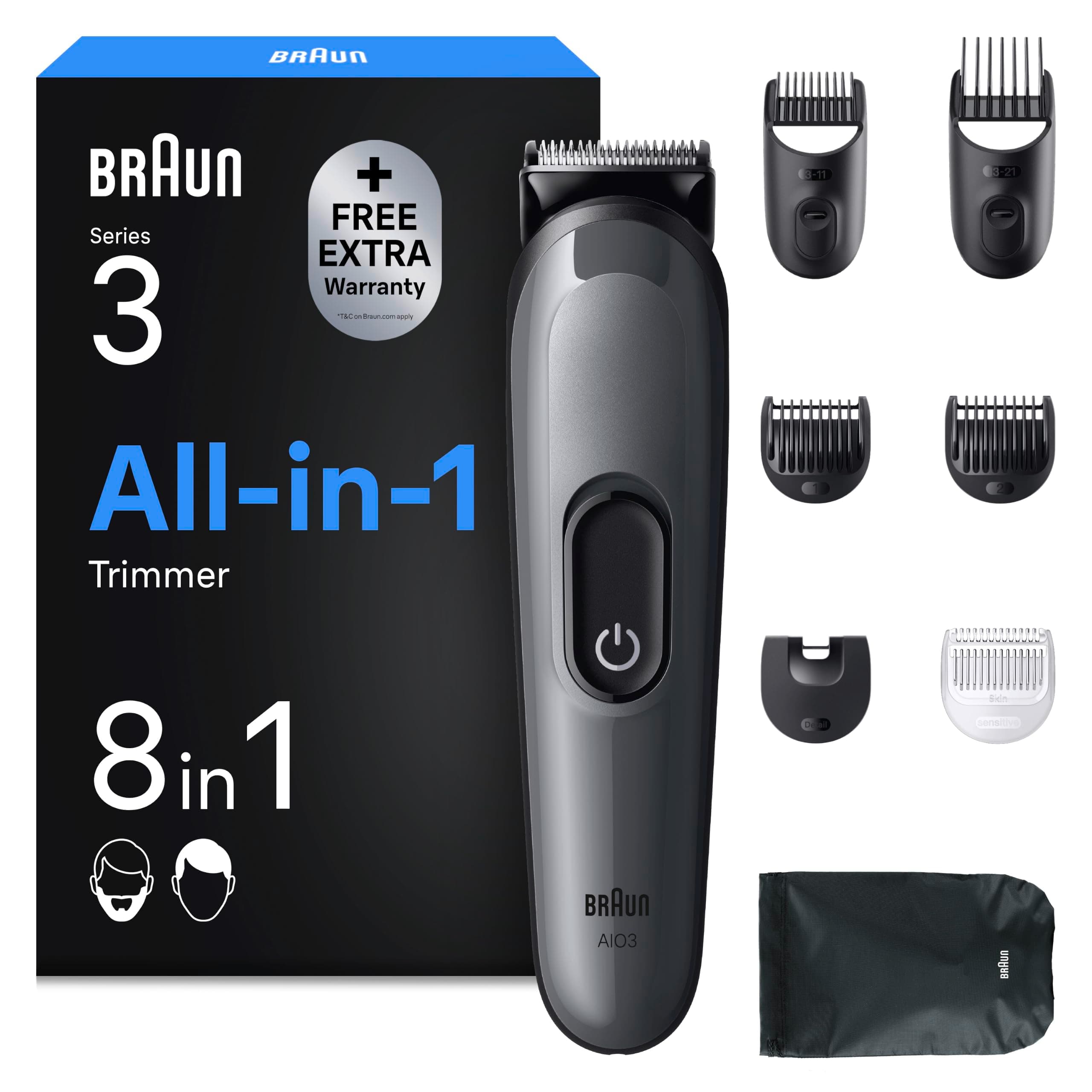 Braun Tondeuse Electrique Homme, Tout-en-Un Series 3 AIO3540, 3-en-1, Grise | Batterie Rechargeable, sans Fil, Sabots et Têtes Lavables, Lame Ultra Affutée, 14 Longueurs, Coffret avec 1 Pochette