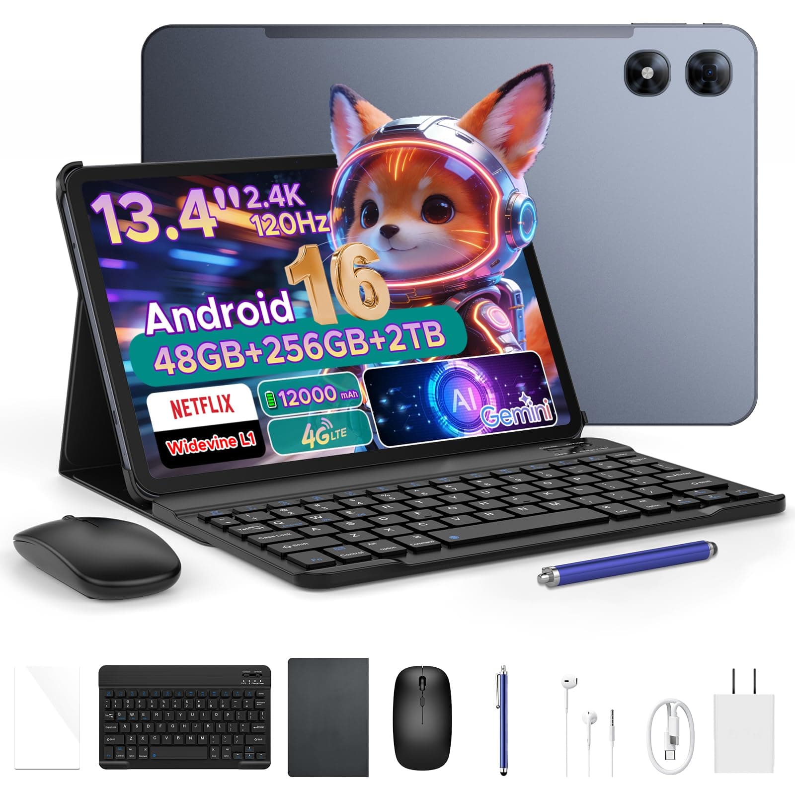 Luzglo P13 Pro Tablet 13.4 Pulgadas 120Hz Android 16, 48GB RAM + 256GB(TF 2TB) Tablet con Teclado y Lapiz, T7280 Octa-Core, 12000mAh/18W, 16MP+8MP, Gemini AI, Widevine L1, Face ID, Dual SIM 4G, Gris
