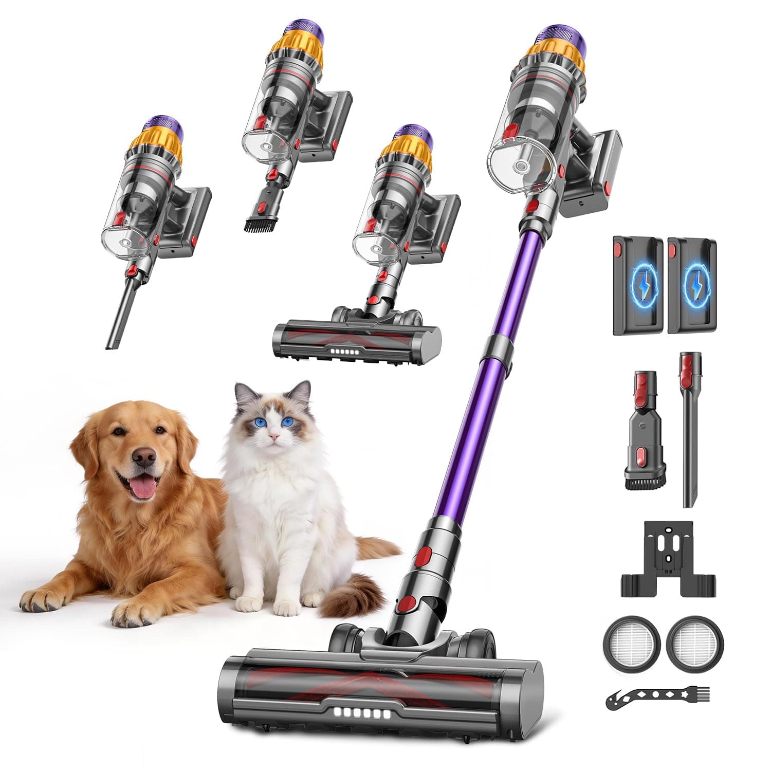 Aspiradora sin Cable para Pelo de Mascota,DyMona V17Max 2 Baterías 150Min Autonomía/58kPa/650W Succión Potente, Rodillo Antienredos, Autoportante, Ligero e Inalámbrico para Apartamento, Perros y Gatos