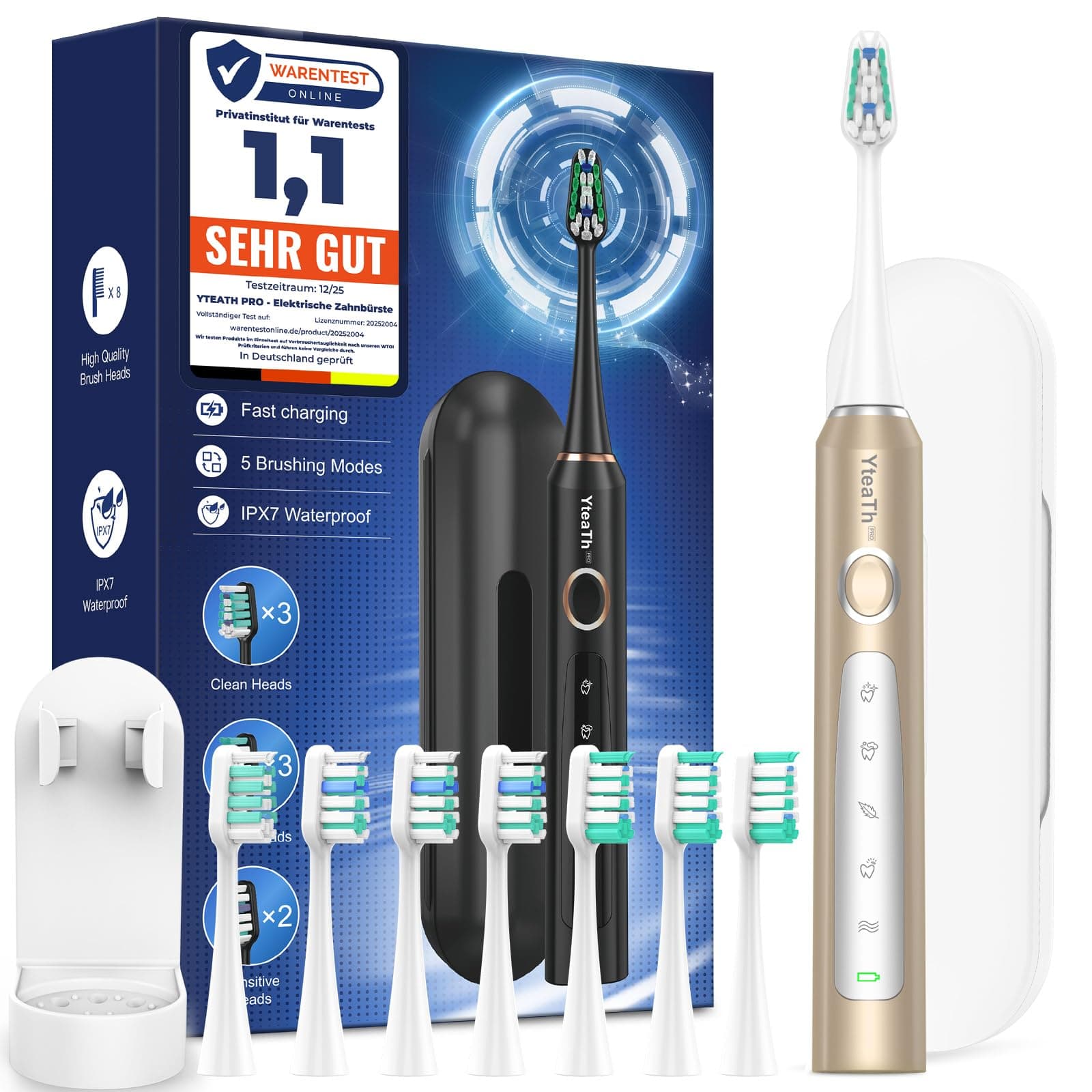 Cepillo de Dientes Eléctrico Sónico para Viajar - Cepillo Electrico Adultos Infantil con 8 Cabezales y Estuche, 5 Modos, IPX7 Impermeable, Cepillos de Dientes Eléctricos Ultrasónicos, Dorado