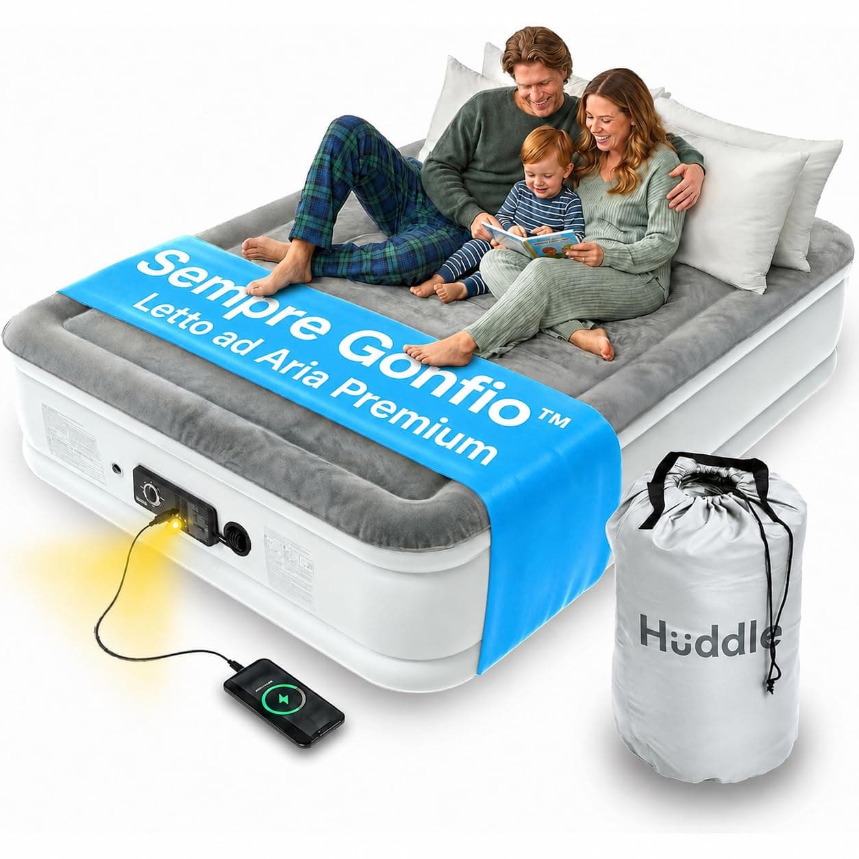 Huddle® NEVER DEFLATE™, lussuoso letto King Size ad aria che non si sgonfia, vincitore Good Housekeeping 2025, con doppia pompa SlumberGuard™, rigidità regolabile e luce notturna USB