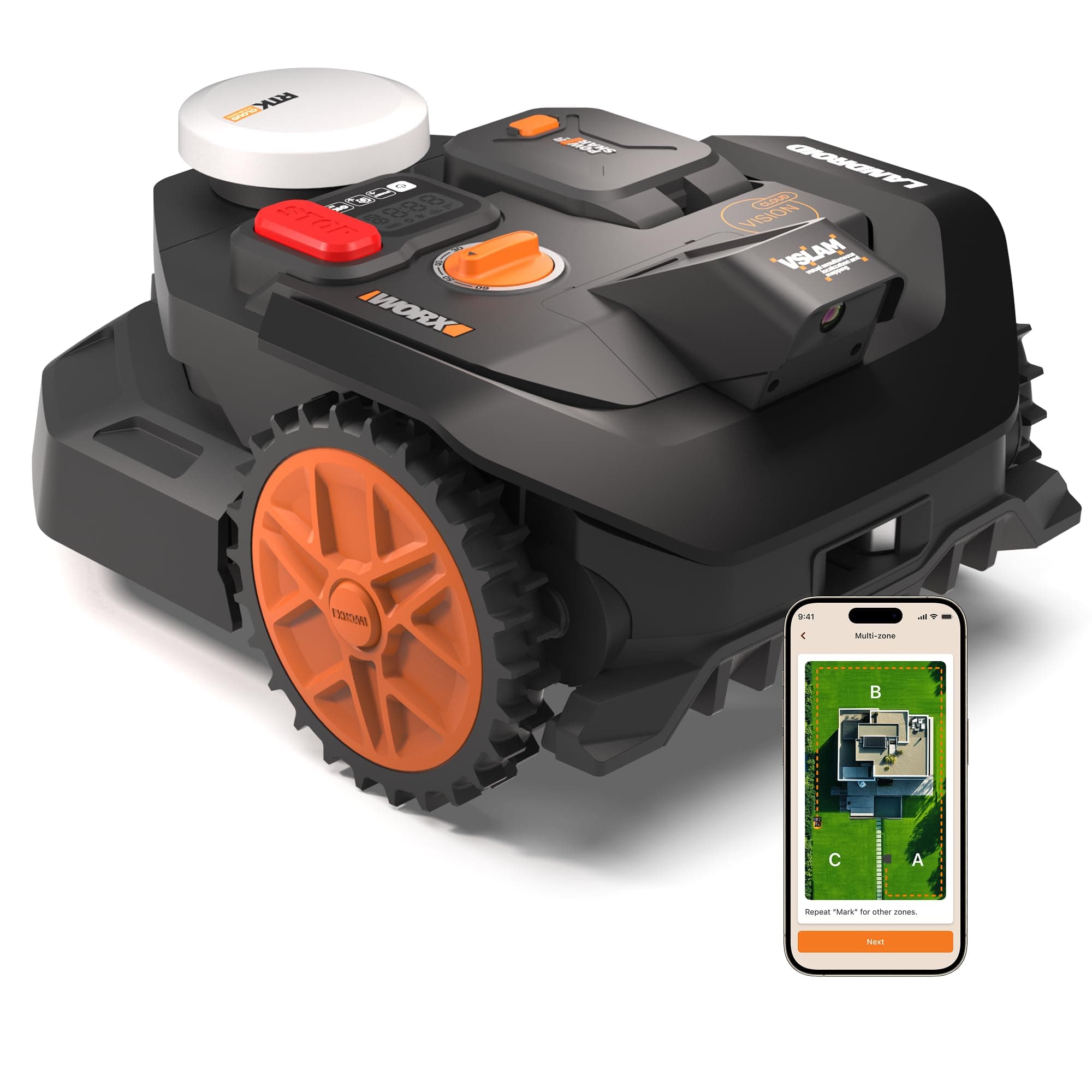 Worx Landroid Vision Cloud WR304E Robot rasaerba, senza filo perimetrale, per 400 m² (evitamento ostacoli AI, navigazione cloud VSLAM + RTK, mappatura automatica, controllo tramite App)