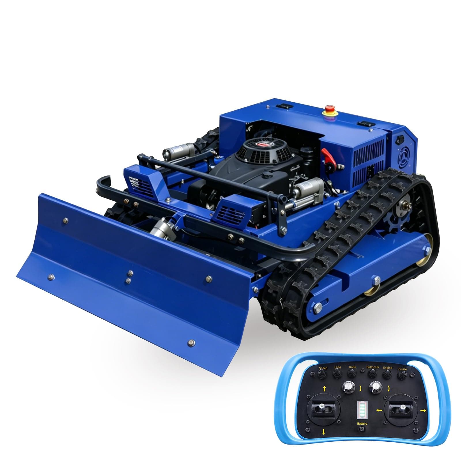 Tondeuse à Gazon Télécommandée avec Lame à Neige, Tondeuse sur Chenilles Hybride Essence-Électrique 4x4, Débroussailleuse Intégrée pour Terrain Accidenté