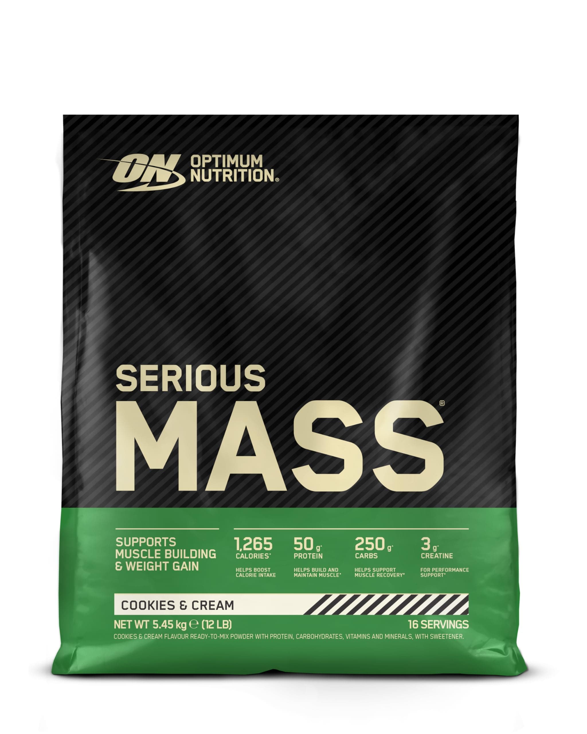 Optimum Nutrition Serious Mass Gainer en Poudre, Goût Cookies and Cream, 5.45kg, 16 Doses