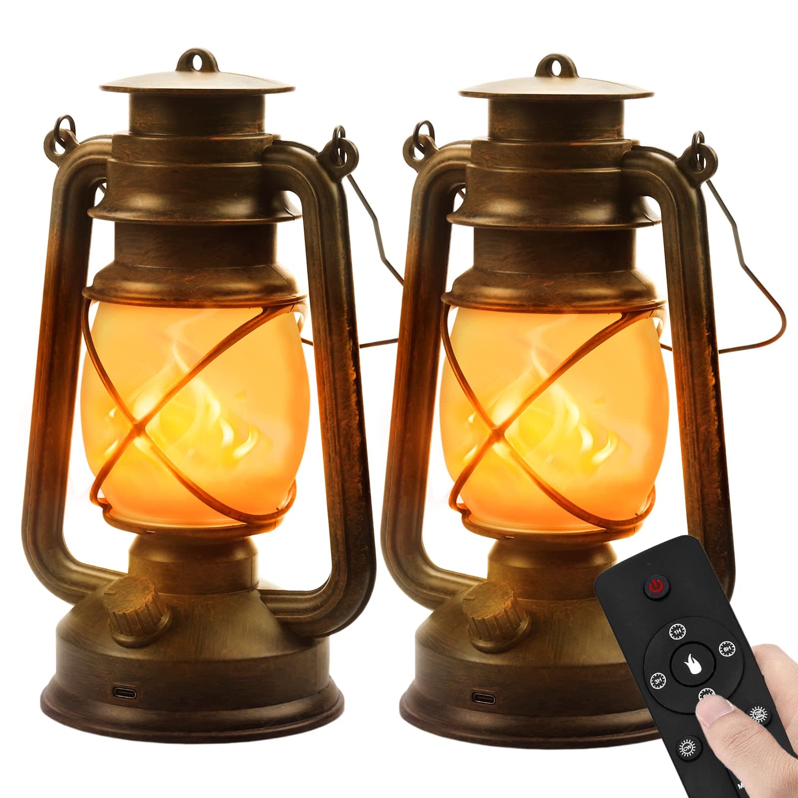 Hzitcigm Linterna Exteriores Vintage, Farolillos Exterior LED Pilas con Remoto 4 Modos Recargable Retro Linternas con Efecto Llama Impermeable Portátil Luces de Camping para Jardín Decoración 2 Piezas