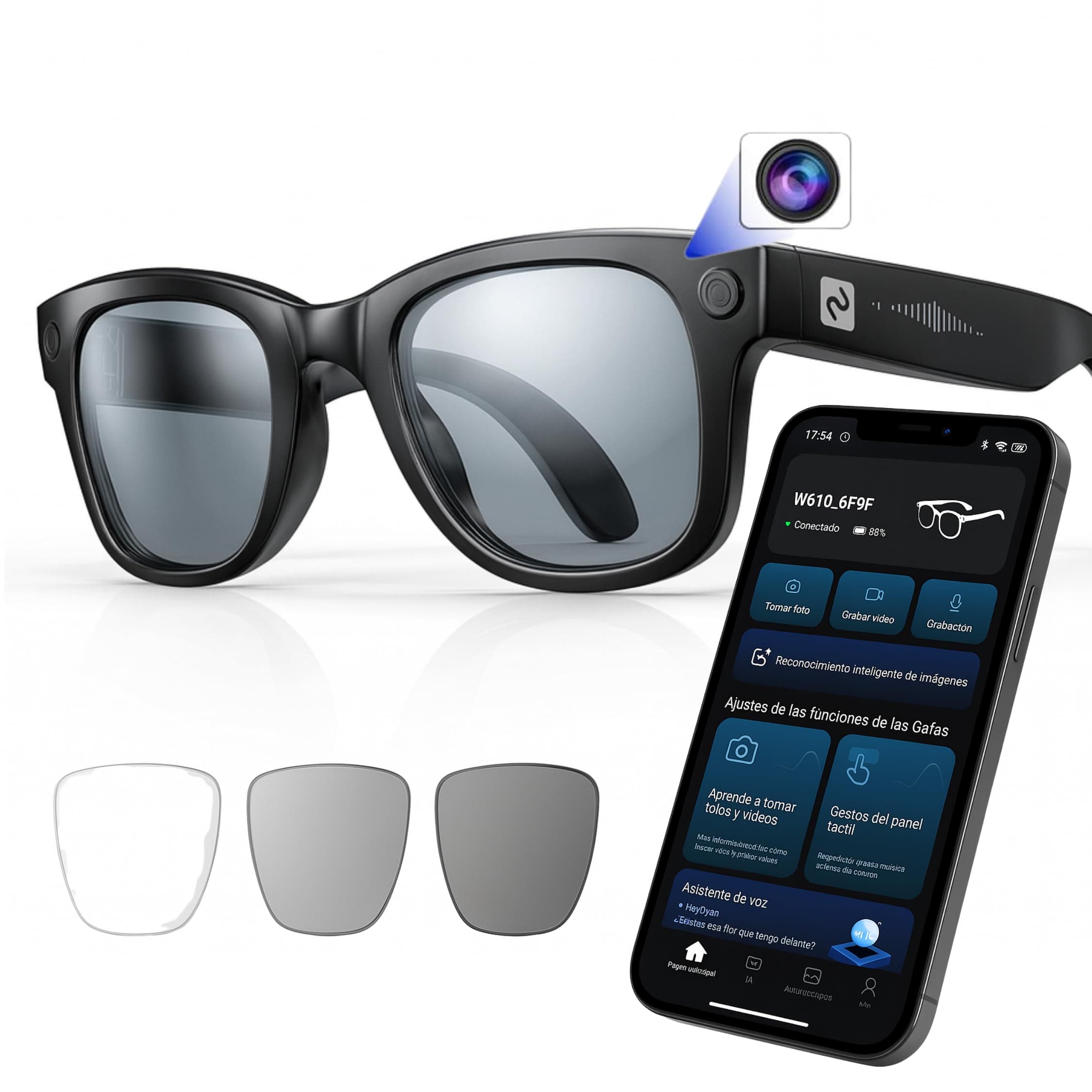 Gafas Inteligentes con cámara, App incluida español, Gafas Bluetooth Manos Libres con IA GPT integrada por Voz, Smart Glasses fotocromáticas y Traducción en 20 Idiomas, cámara de 8 MP 4K