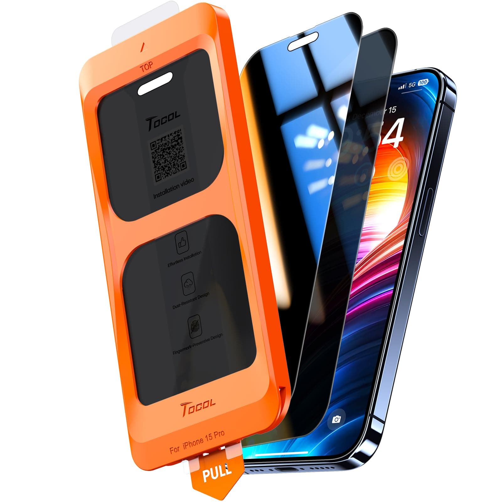 TOCOL Privacy Pellicola Protettiva per iPhone 15 Pro 6,1 Pollici, 25° Reali Anti-Spy, Rimozione Automatica Della Polvere, Copertura Completa, Senza Bolle, Durezza 9H, 2 Pezzi