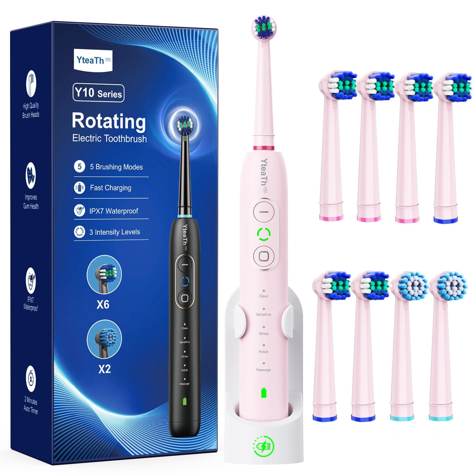 Cepillo de Dientes Eléctrico de Rotación para Mujer - Cepillo Eléctrico Adultos 3 Intensidades, 5 Modos, 8 Cabezales, IPX7 Impermeable, Cepillo Dientes Electrico Viaje, Rosa Claro