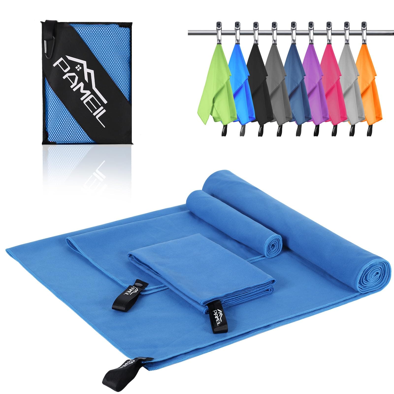 Pameil Set di 3 asciugamani in microfibra (grande asciugamano da bagno da 160 x 80 cm e 2 asciugamani piccoli da 80 x 40 cm), asciugamano da viaggio, asciugamani in microfibra ad asciugatura rapida,
