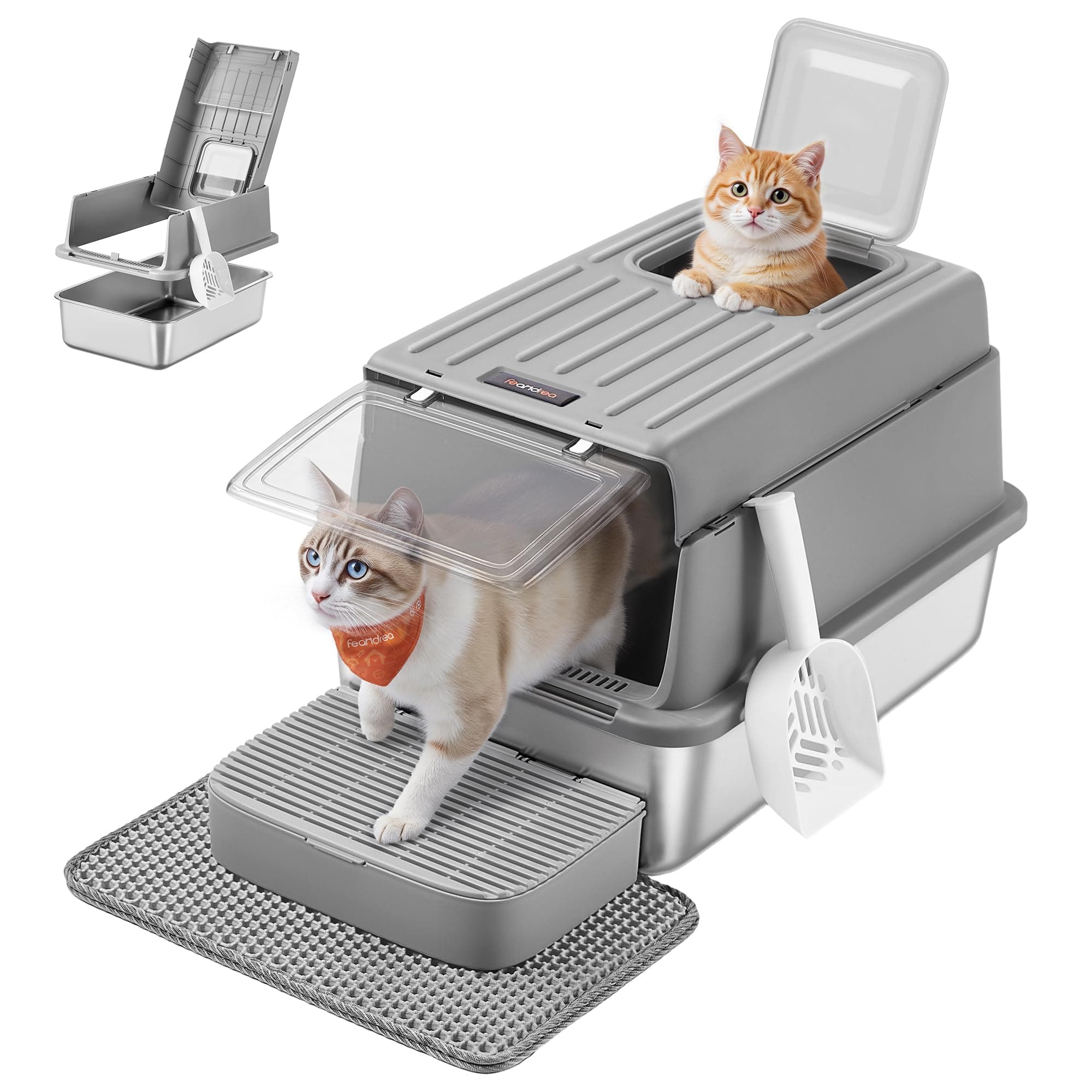 Feandrea Bac à Litière pour Chat en INOX, avec Couvercle, Pelle, 2 Entrées | Plastique PP, Acier Inoxydable, Tapis pour Litière, Jusqu’à 15 kg, Gris ardoise, Collection BOXAL PPT007GN01