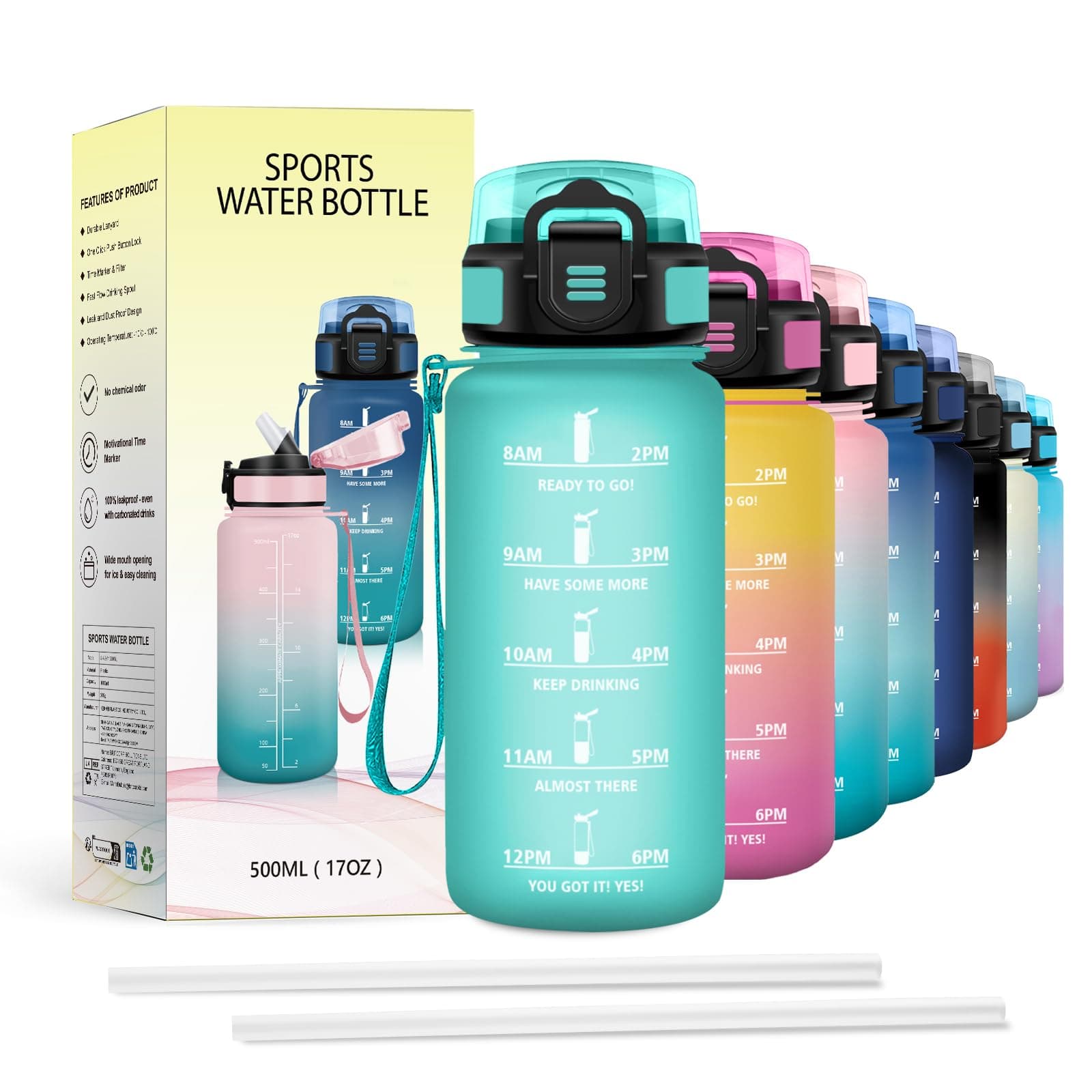 JAPORIA Borraccia 500ml, Bottiglia Acqua Motivazionale con Cannuccia, a Prova di Perdite, Indicatore del Tempo, per Ufficio, Escursionismo