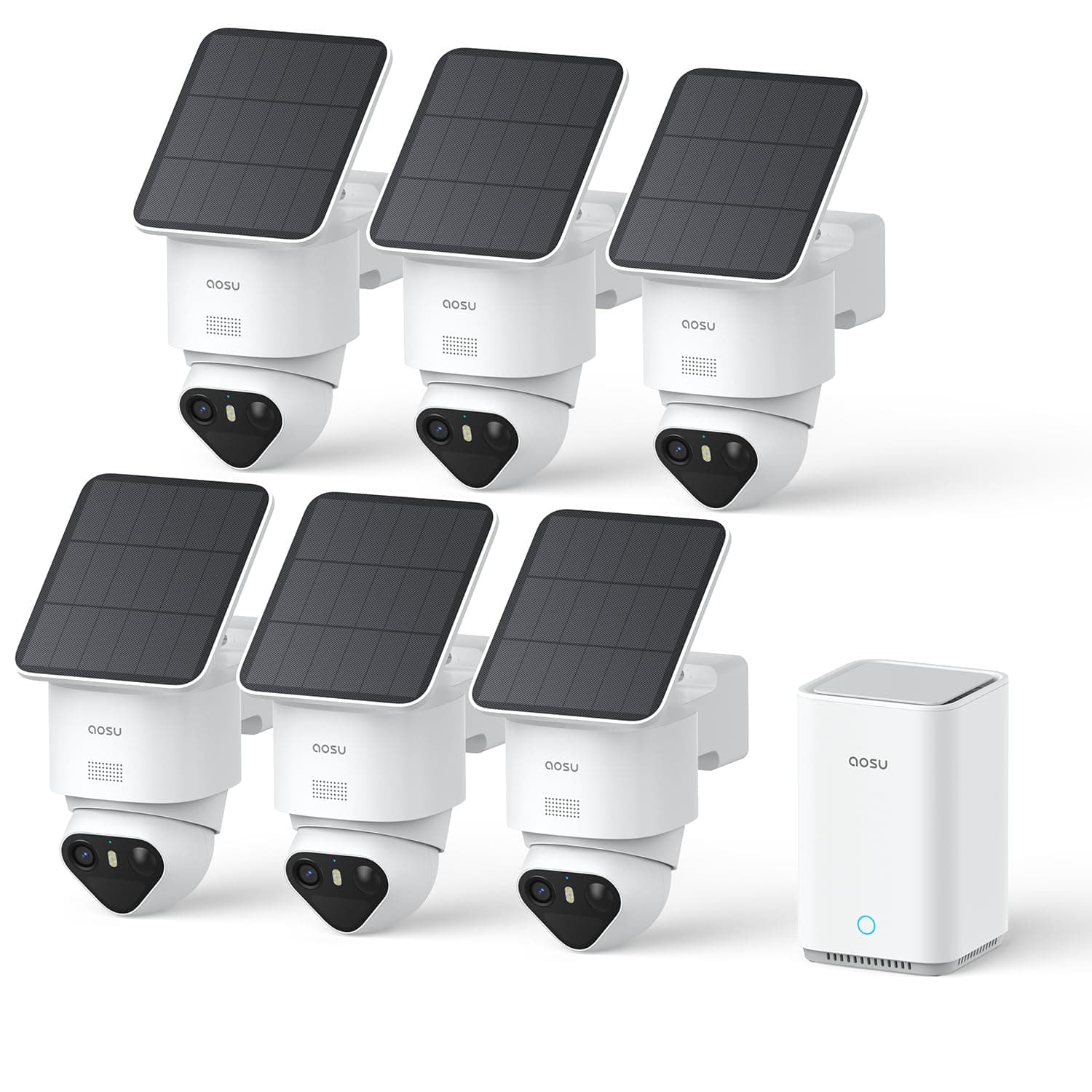 aosu 4K T2 Ultra Camera Surveillance WiFi Exterieure sans Fil Solaire, 6 Cam-Kit & aosuBase 2.0, 8MP Vision Nocturne, sans Abonnement, 32 Go Local & 1 to Extensible, 360° Panorama Suivi IA, 5G/2,4G