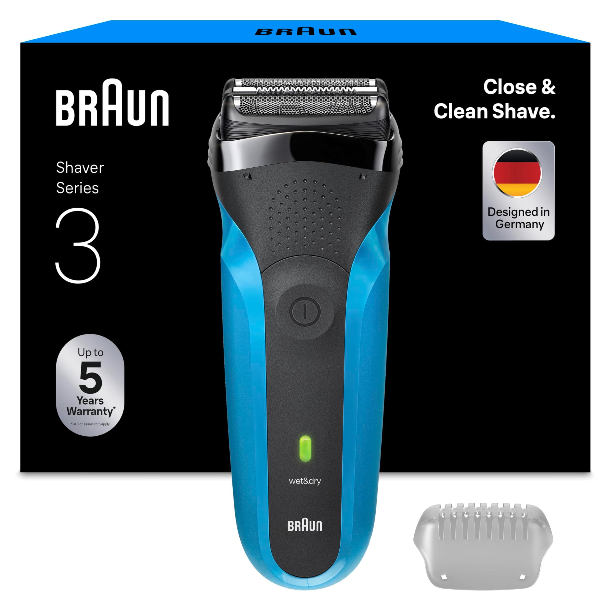 Braun Serie 3 Rasoio Elettrico Barba, Wet&Dry, Regolabarba Uomo, Rasoio Barba, 3 Lame Flessibili, Regolabarba Braun, Progettato in Germania, 310S, Blu