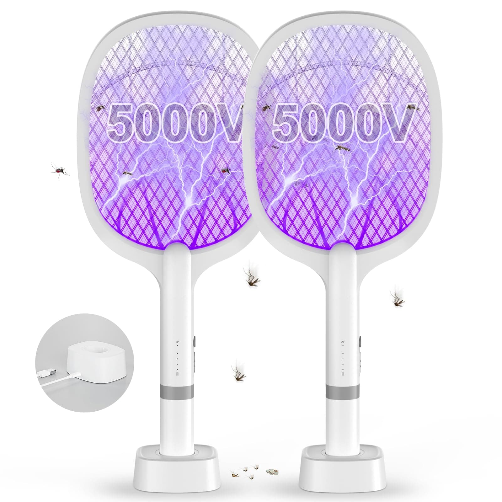 DANGZW Raquette Electrique Insectes 5000V, 2 en 1 2000 mAh USB Rechargeable Tapette à Mouches Electrique avec Base de Chargement Contre Moustiques, Mouches, Insectes, Volants
