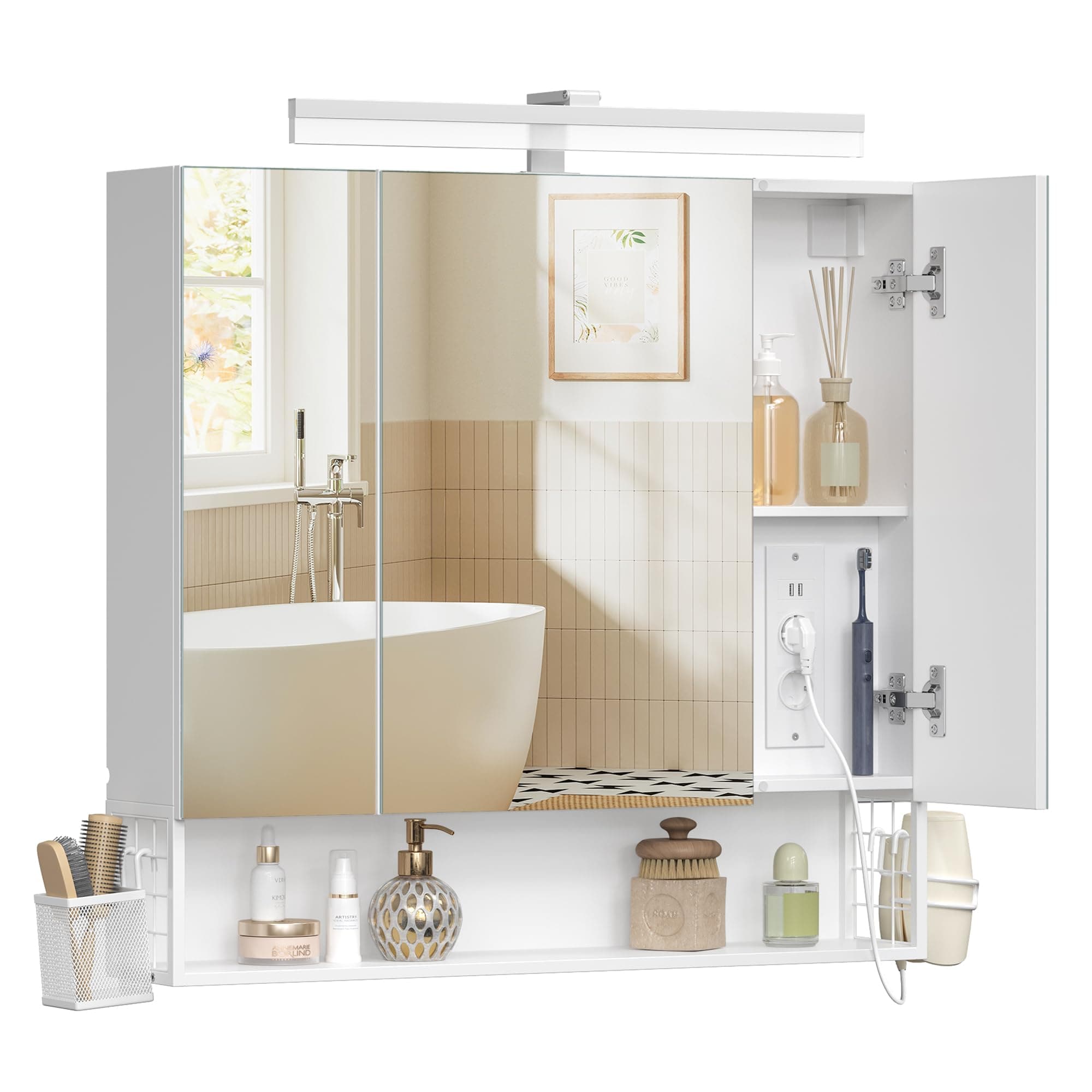 VASAGLE Armario de Baño con Espejo 3 Puertas, Enchufe, Cesta Colgante | Mueble de Pared, Soporte para Secador de Pelo, Lavabo, Blanco Nube, Colección DACEY BBK146WB01