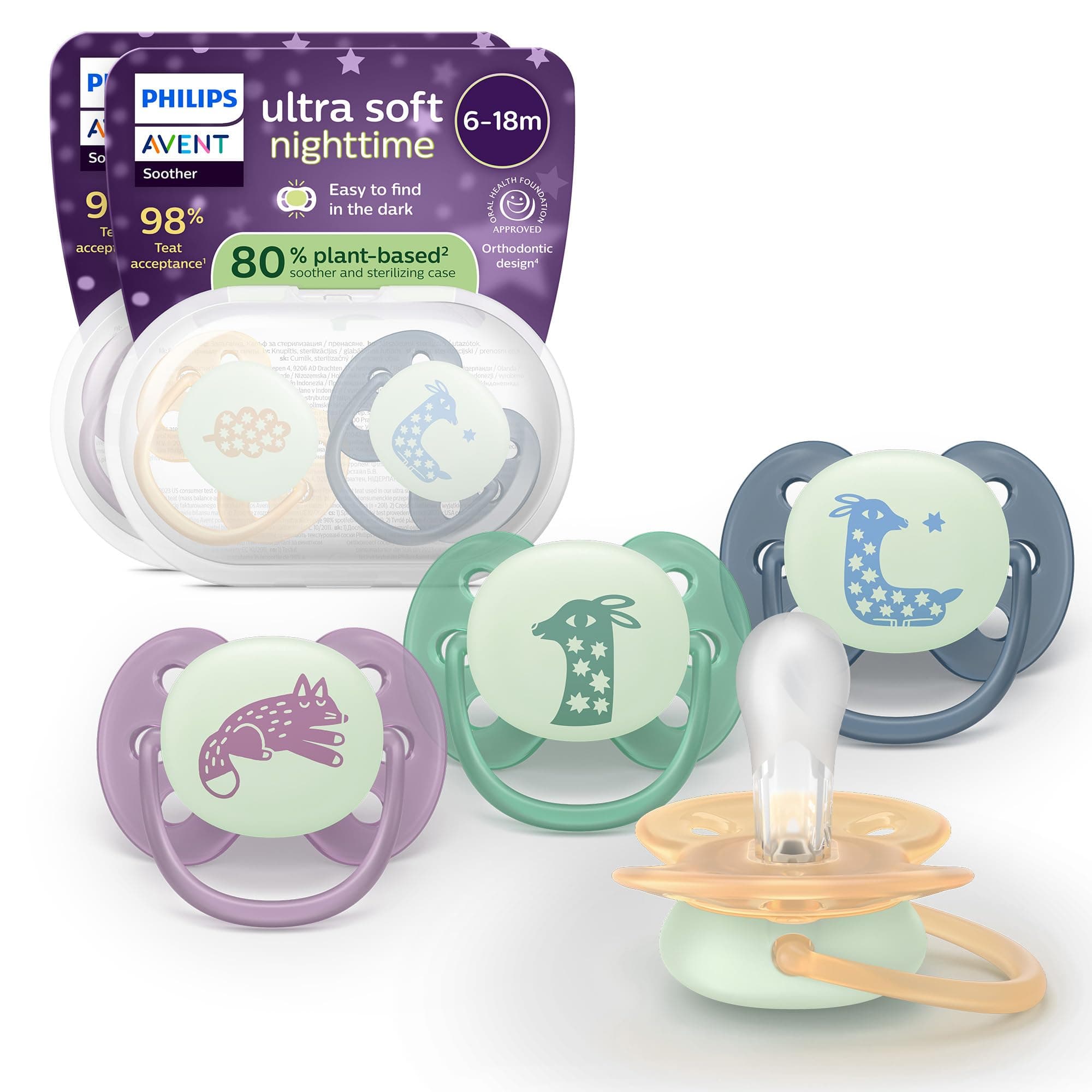 Philips Avent Sucettes Ultra-Soft nuit – forme orthodontique, bébés 6-18 mois, phosphorescentes, téterelle symétrique en silicone, sans BPA, étuis de stérilisation, pack de 4, modèle SCF094/08