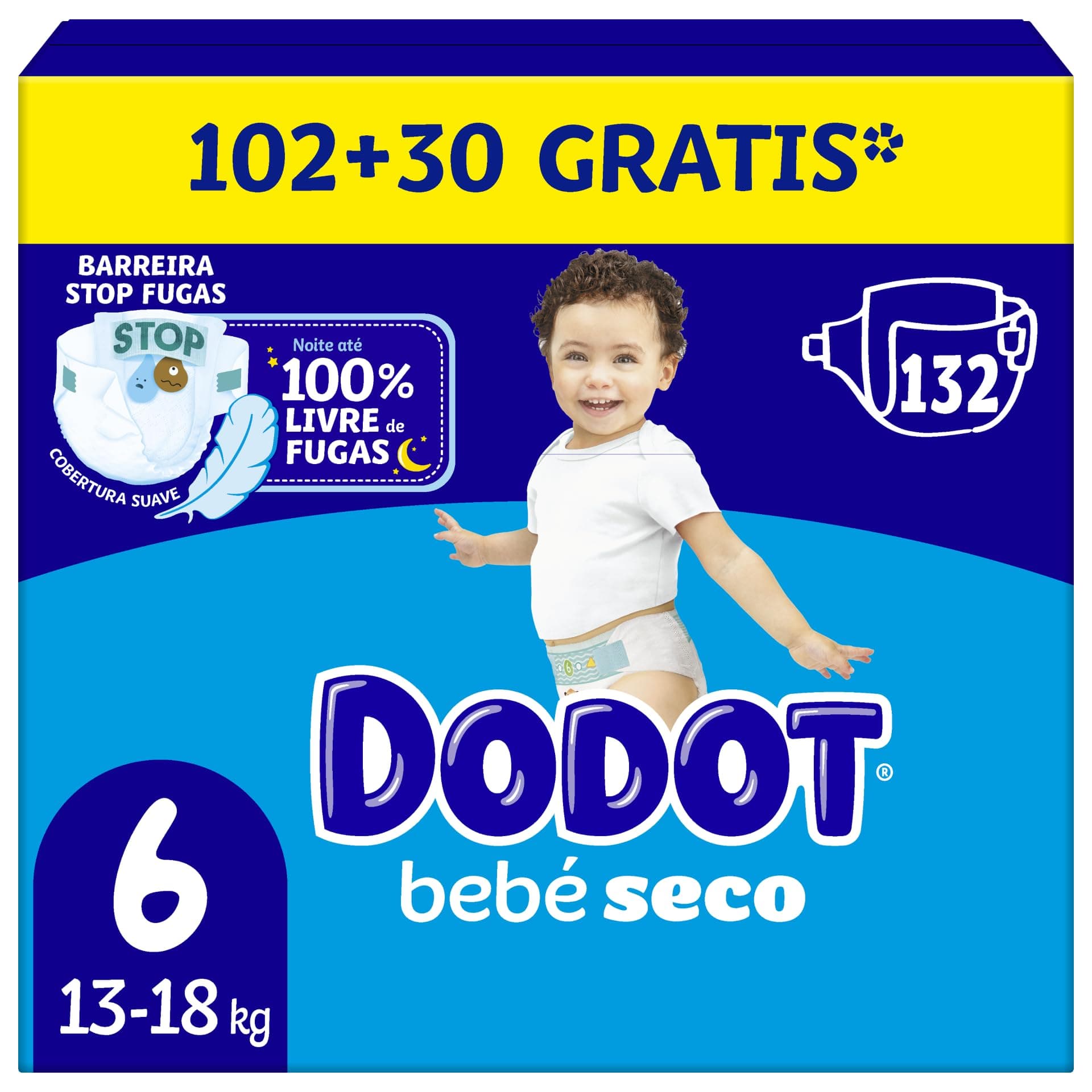Dodot Pañales Bebé-Seco, Talla 6 (13-18 kg), 132 Pañales + 1 Pack de 10 Toallitas Regalo de Aqua Plastic Free, Una Noche Hasta Un 100% Libre De Fugas, Pack Mensual