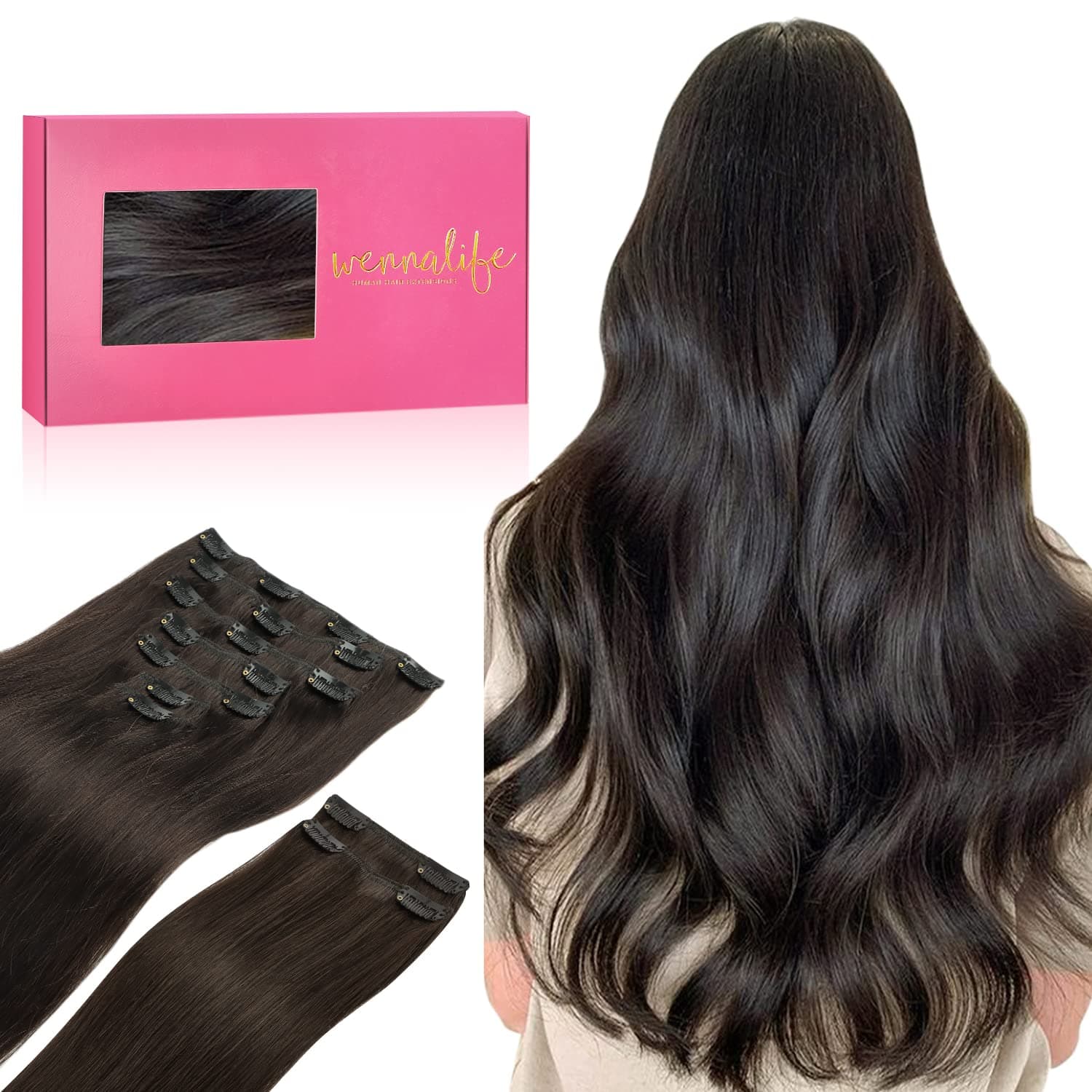 WENNALIFE Extension con clip in capelli veri, 150 g, 50 cm, 9 extension con clip in colore marrone scuro