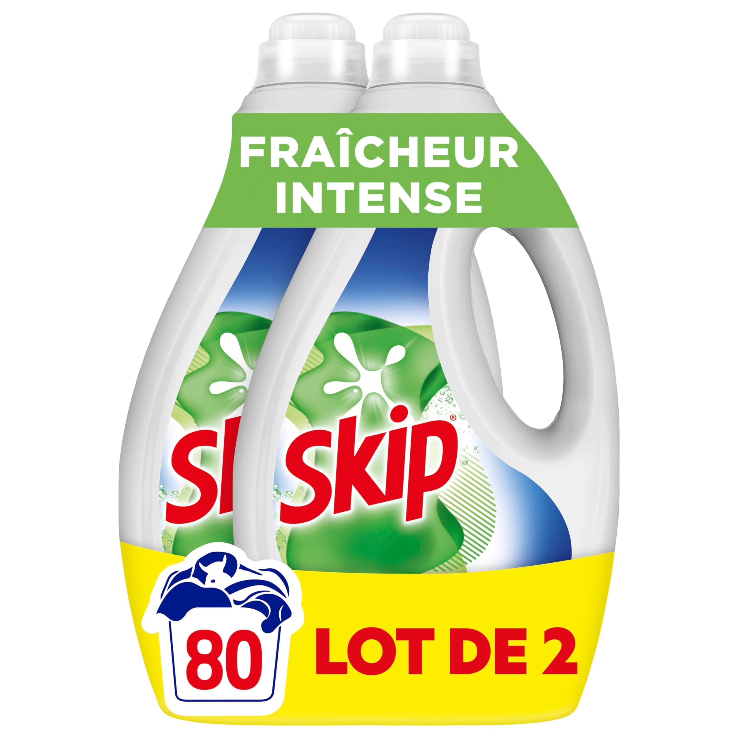 Skip - Lessive Liquide Fraicheur Intense - Action Détachante Efficace - 100% impeccable, éclatant et délicatement parfumé - 2x40 Lavages