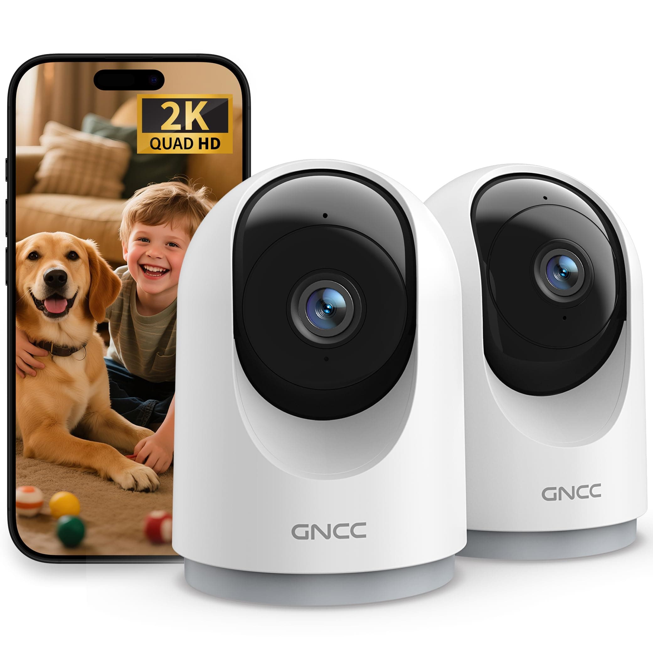 GNCC 2K Camaras Vigilancia Domicilio Wifi, Camara Vigilancia WiFi Interior para Bebés/Mascotas, Seguimiento, Detección de IA, Audio Bidireccional, Visión Nocturna, Compatible con Alexa(2,4GHz)(Pack 2)