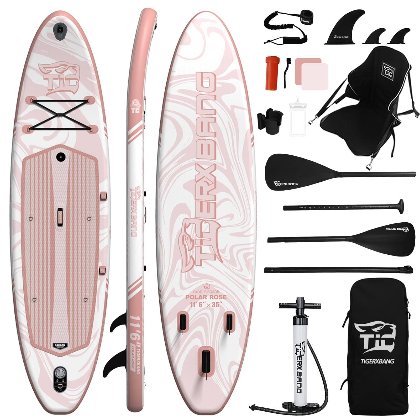 TIGERXBANG Tavola SUP Gonfiabile - Tavola da Stand Up Paddle Board Gonfiabile con Sedile per Adulti 200kg, Con supporto per cam, Portabicchieri, Doppia Pagaia, Zaino & Accessori Completi