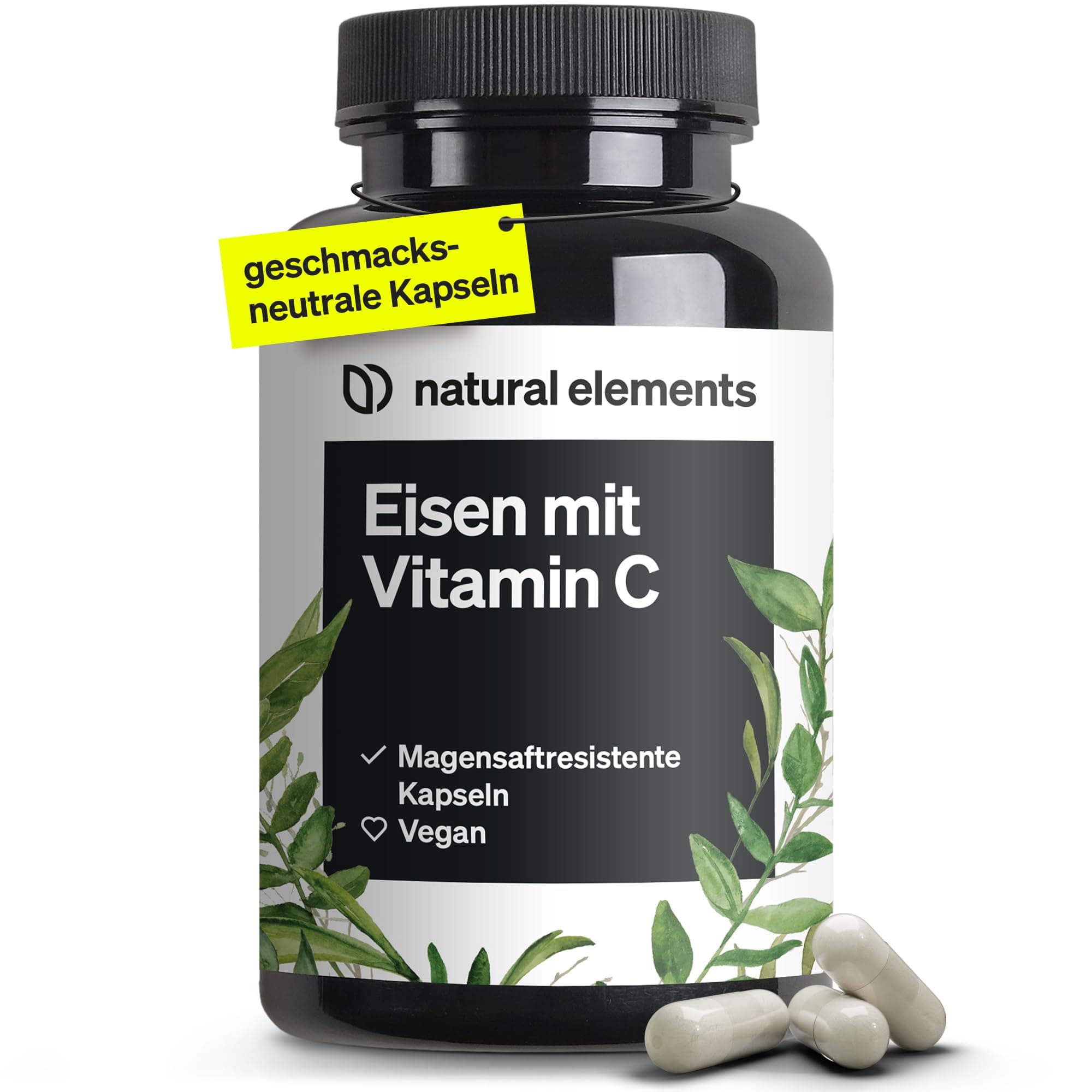 natural elements Eisen 20mg (aus Eisenbisglycinat) pro Kapsel – mit 42mg natürlichem Vitamin C – vegan, geschmacksneutral – 180 Kapseln – Premium-Rohstoff: FerrochelTM (Eisen-Chelat)