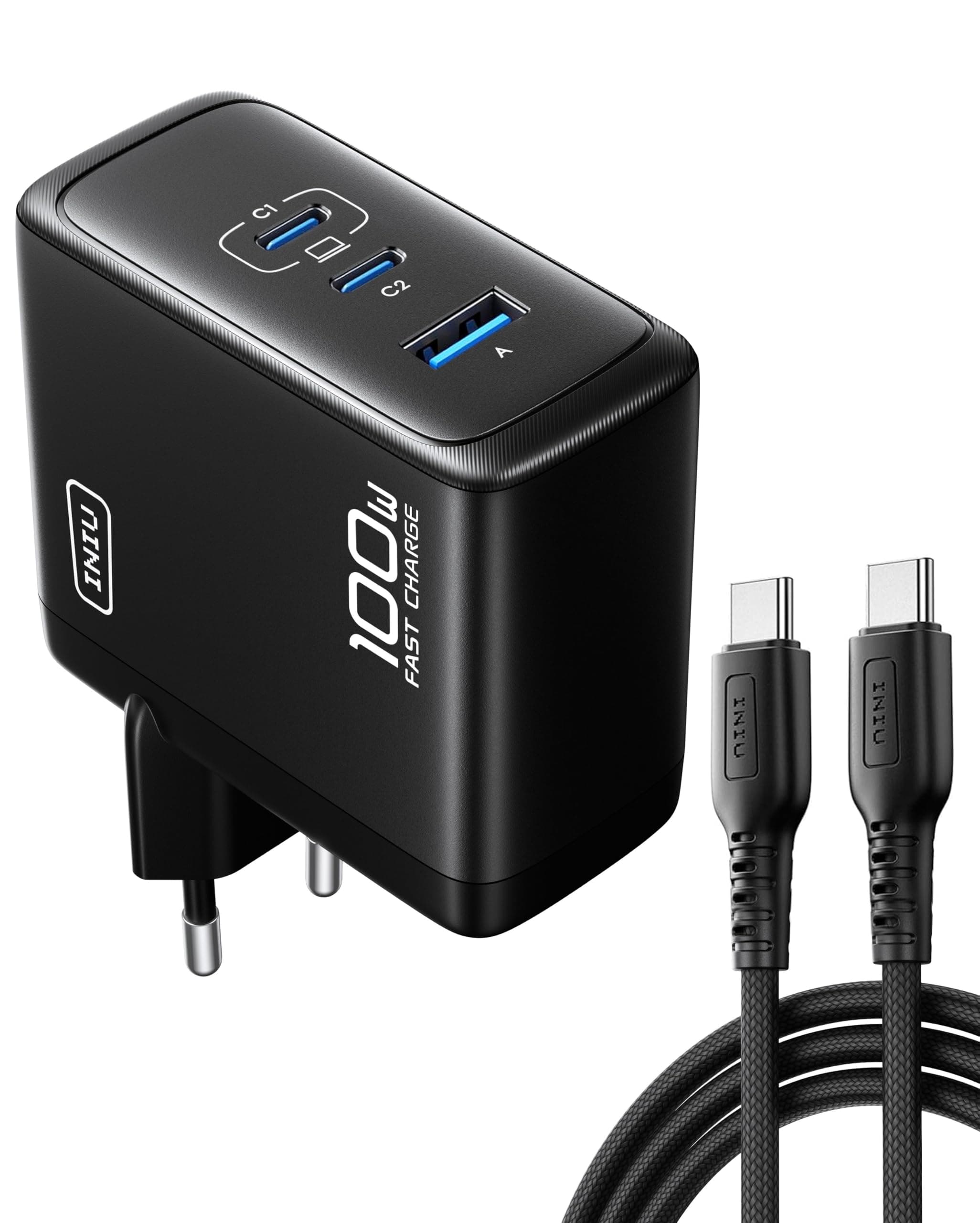 INIU 100W Cargador USB C, PD GAN 3-Puertos Tipo C Carga Rapida, Cargador Compacto y Portátil con MacBook Air, iPad Pro, iPhone 17 16 Pro MAX, Samsung Galaxy S25 S24 S23 Ultra, Steam Deck Switch 2 etc