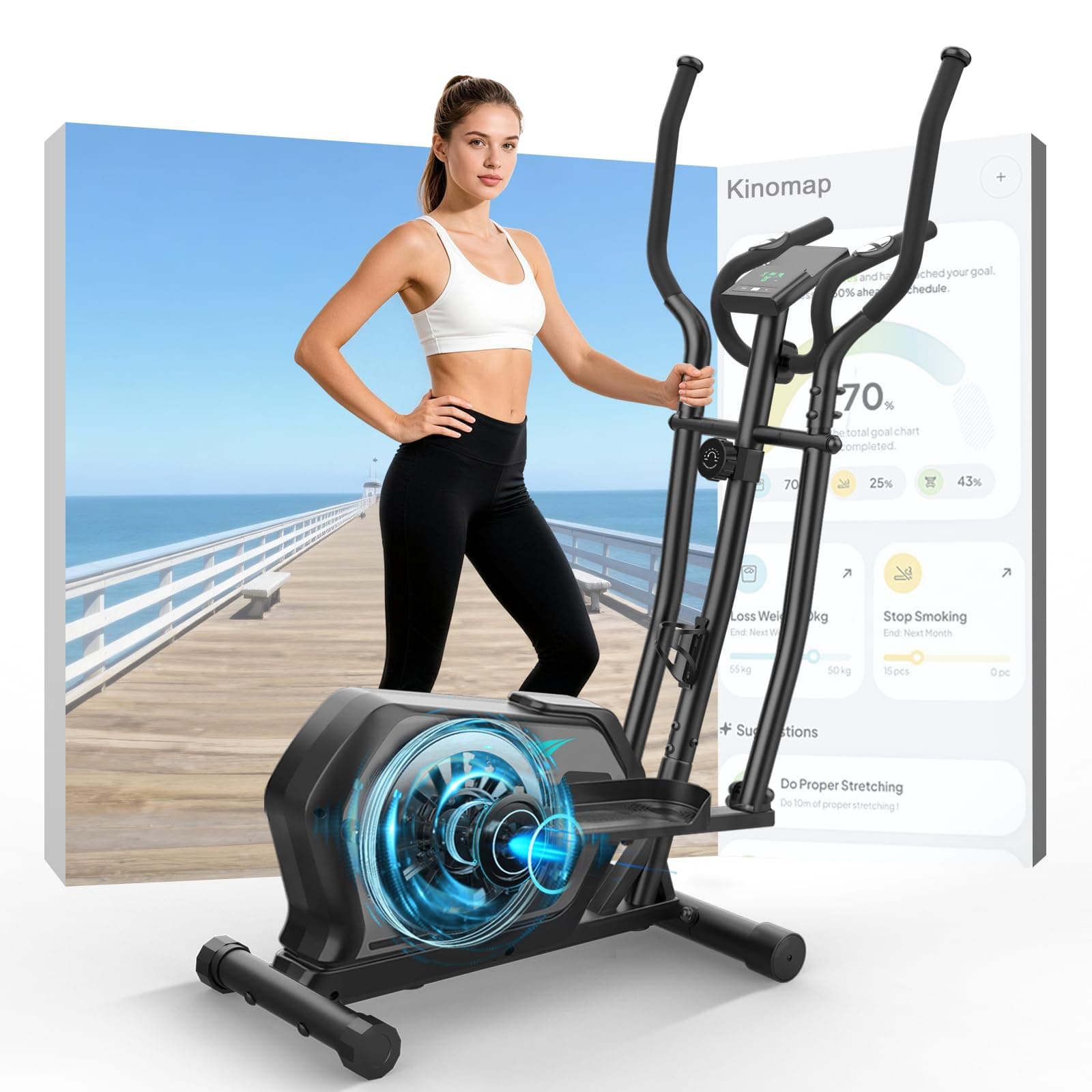Ellittiche Da Casa con App, 3-in-1 Ellittica Ultra Silenziosa con 16 Livelli di Resistenza,volano da 6 kg, Monitor LCD, Pedale Antiscivolo, Portabottiglie, Cyclette Ellittica Fino a 287 LBS