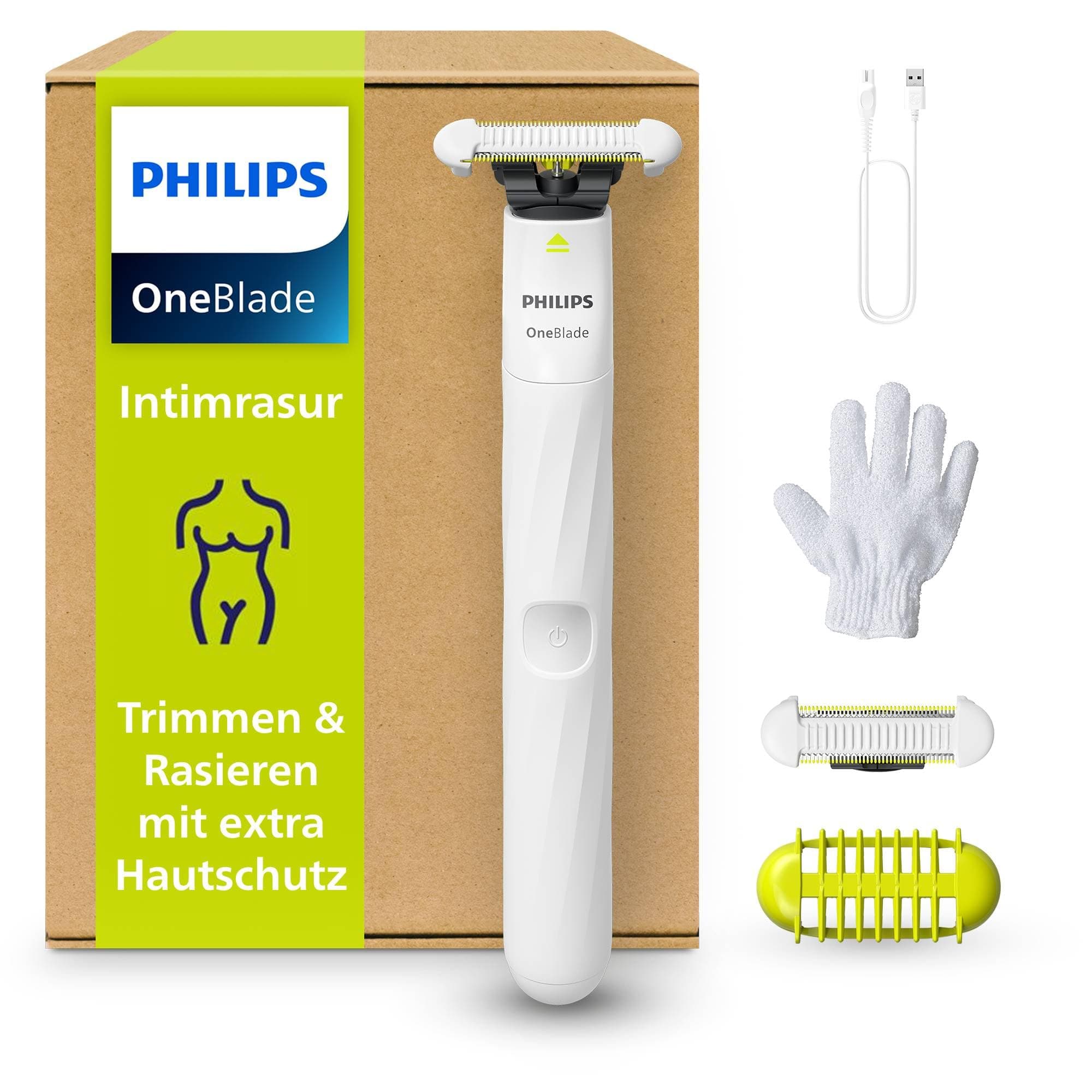 Philips OneBlade Intimate, Intimrasur, Trimmen & Rasieren mit extra Hautschutz, Für eine gründliche und angenehme Rasur – ohne komplett glatt zu rasieren, Modell QP1924/28