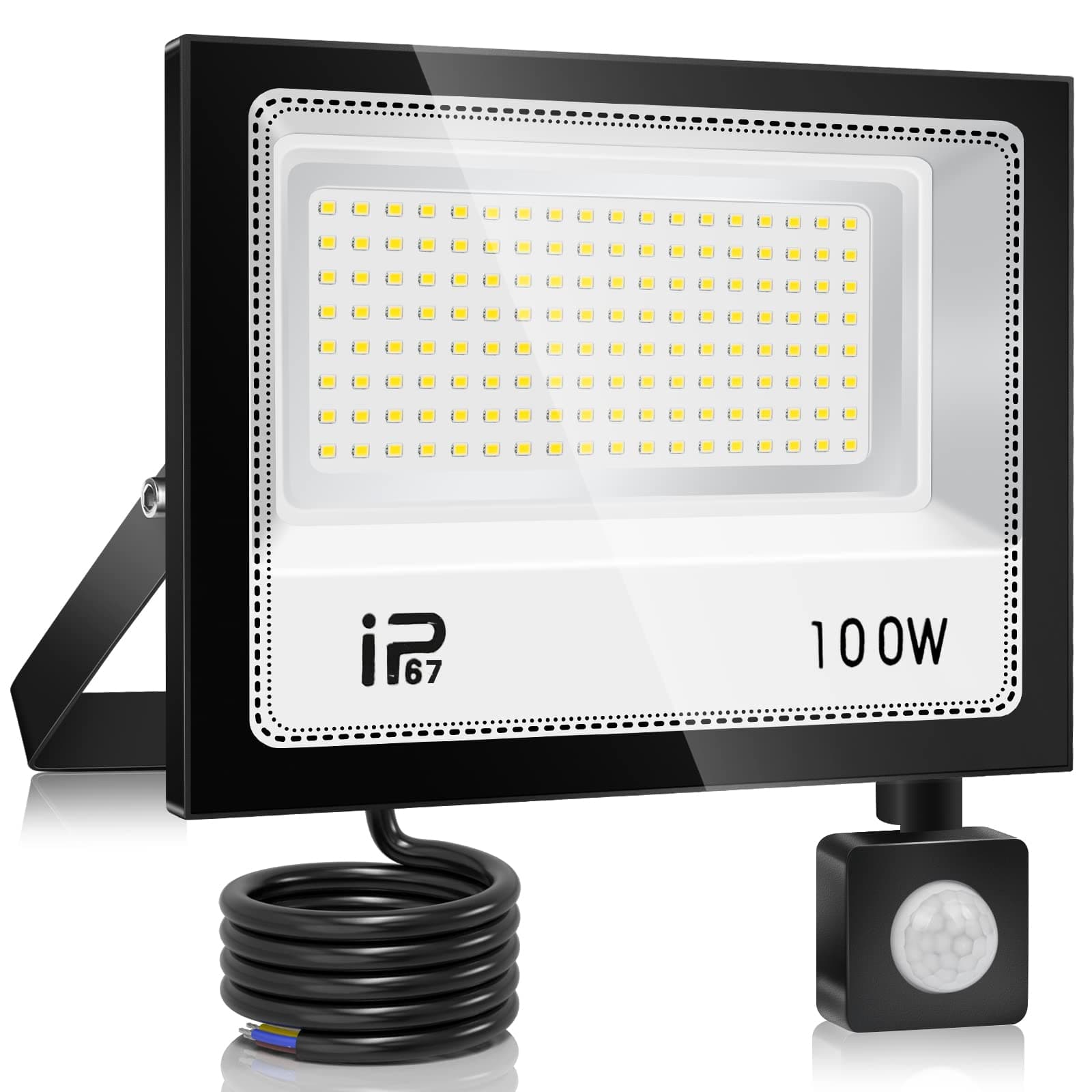 Focos Led Exterior 100W con Sensor Movimiento, Iluminación de Exterior Seguridad,7000K Blanco Frío, Proyector LED Exterior,IP67 Impermeable 10000LM, para Patio, Garaje, Entrada, Fábrica,Campo