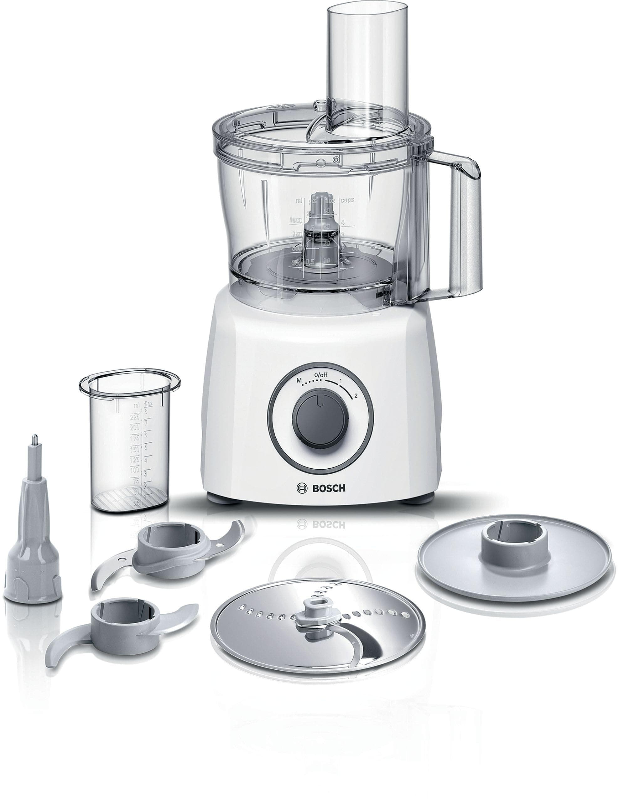 Bosch Robot da Cucina Multifunzione Compatto MCM3100W, Oltre 20 Funzioni, 800 W, 2 Velocità, Ciotola 2,3 l, Tanti Accessori Inclusi per Affettare, Tagliare, Grattugiare, Impastare e Montare, Bianco