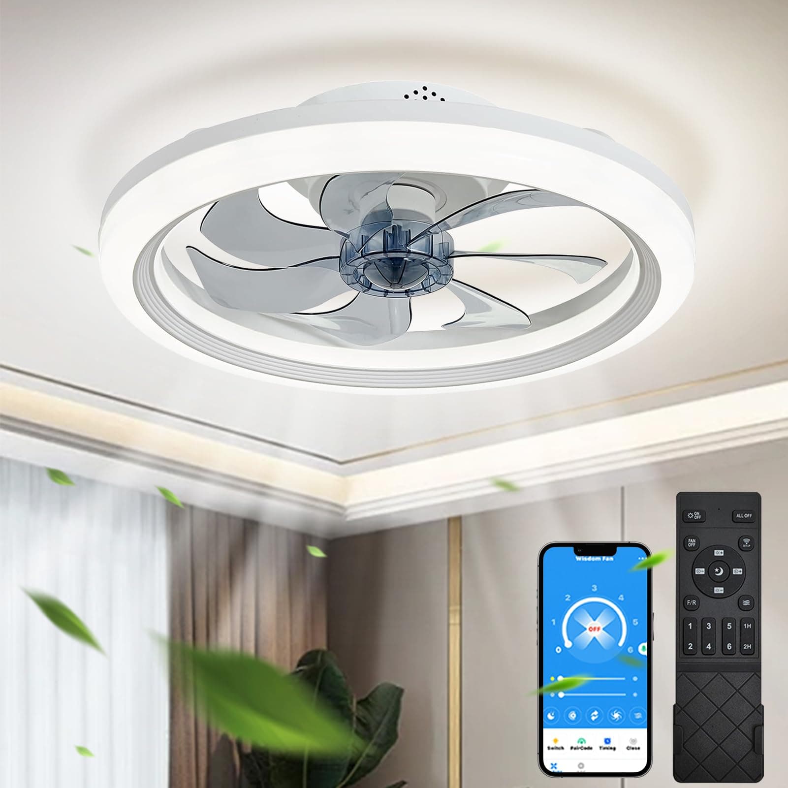 EKDADL Reversibile Ventilateur Plafond Silencieux Ventilateurs de Plafond avec Lampe Intégrée 0%-100% Dimmerabile APP Smart Plafonnier Ventilateur de Plafond avec Telecommande Timing