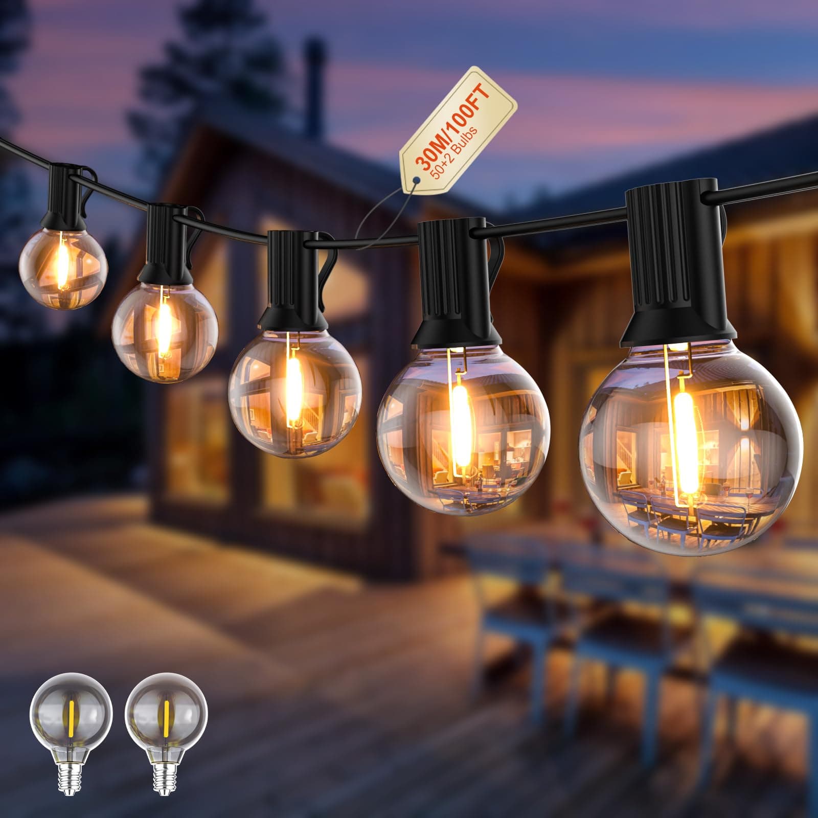 Pogestrand Guirlande Lumineuse Extérieure G40 30M Festoon Lights, Alimentée Sur Secteur,Guirlande LED pour Gazebo,50 Ampoules Incassables,Étanche,Éclairage Extérieur Pour Patio,Jardin, Balcon,Gazebo