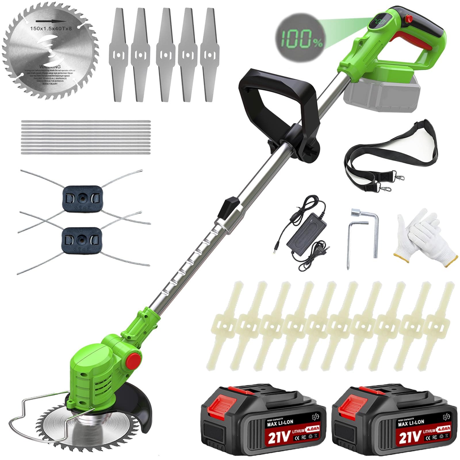 Debroussailleuse Electrique sans Fil, Coupe Bordure sans Fil avec 21V, Batterie avec 2 x 2000mAh Batteries et 4 Types de Lames, Débroussailleuse Batterie pour Tondre Le Gazon et Les Buissons (Vert)