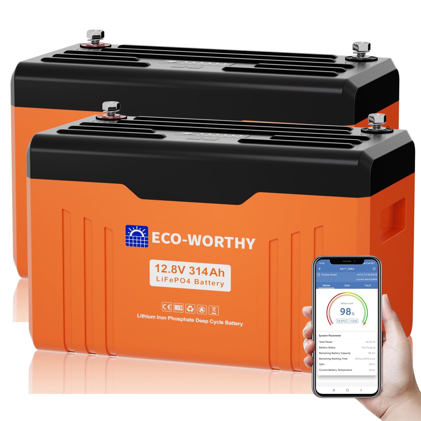 ECO-WORTHY Batterie Lithium 12V 314Ah EnergyTrek *2 batterie lifepo4 Bluetooth avec écran, LiFePO4 avec 200A BMS protection basse température, 8038Wh 12V pour Camping-Car,Panneau Solaire