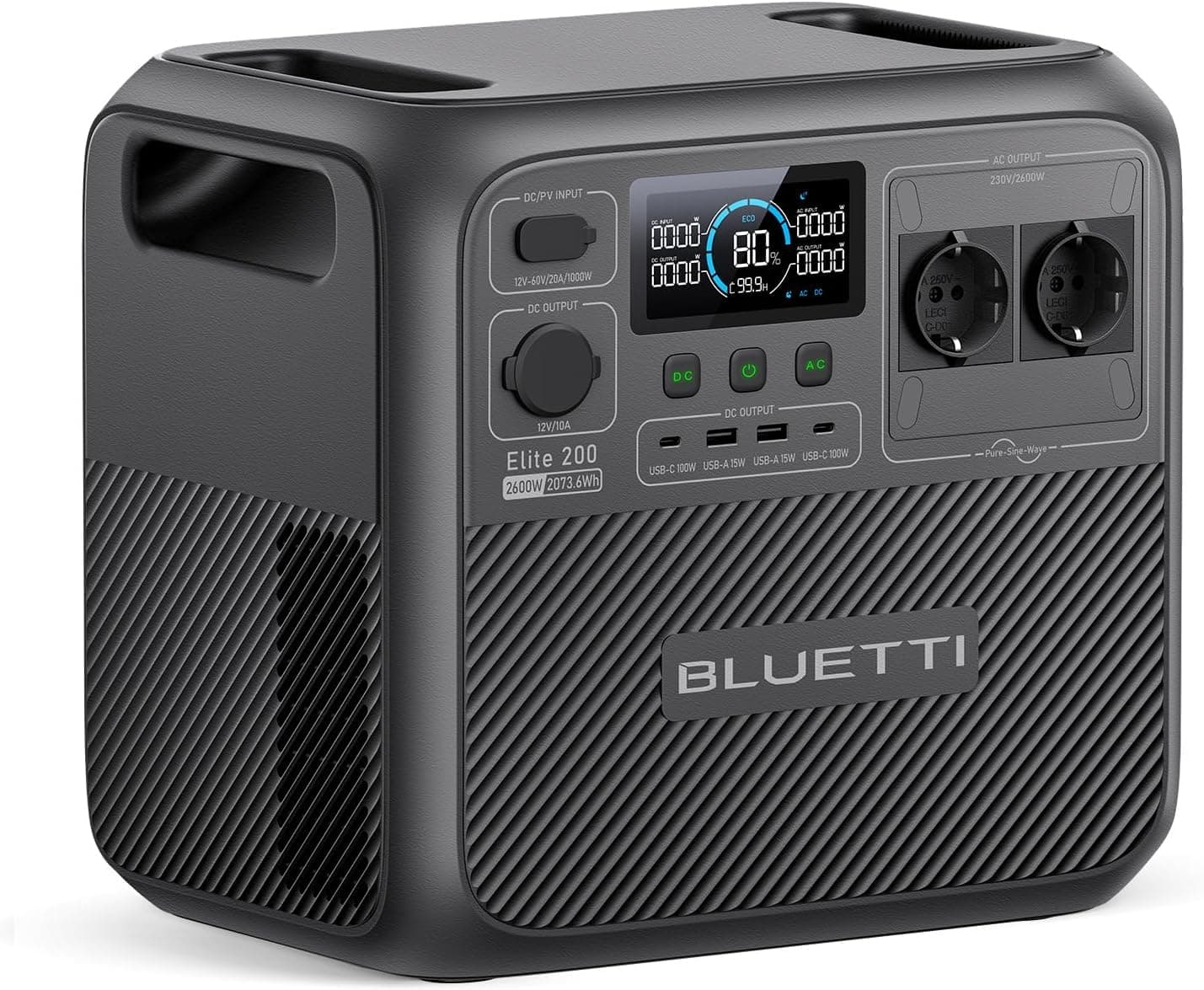 BLUETTI Elite 200 V2 Centrale Elettrica Portatile con Batteria LFP da 2073,6Wh, 2 Uscite AC 2600W (3900W Power Lifting), Durata 17 Anni, ideale per Campeggio, Off-grid, Emergenza