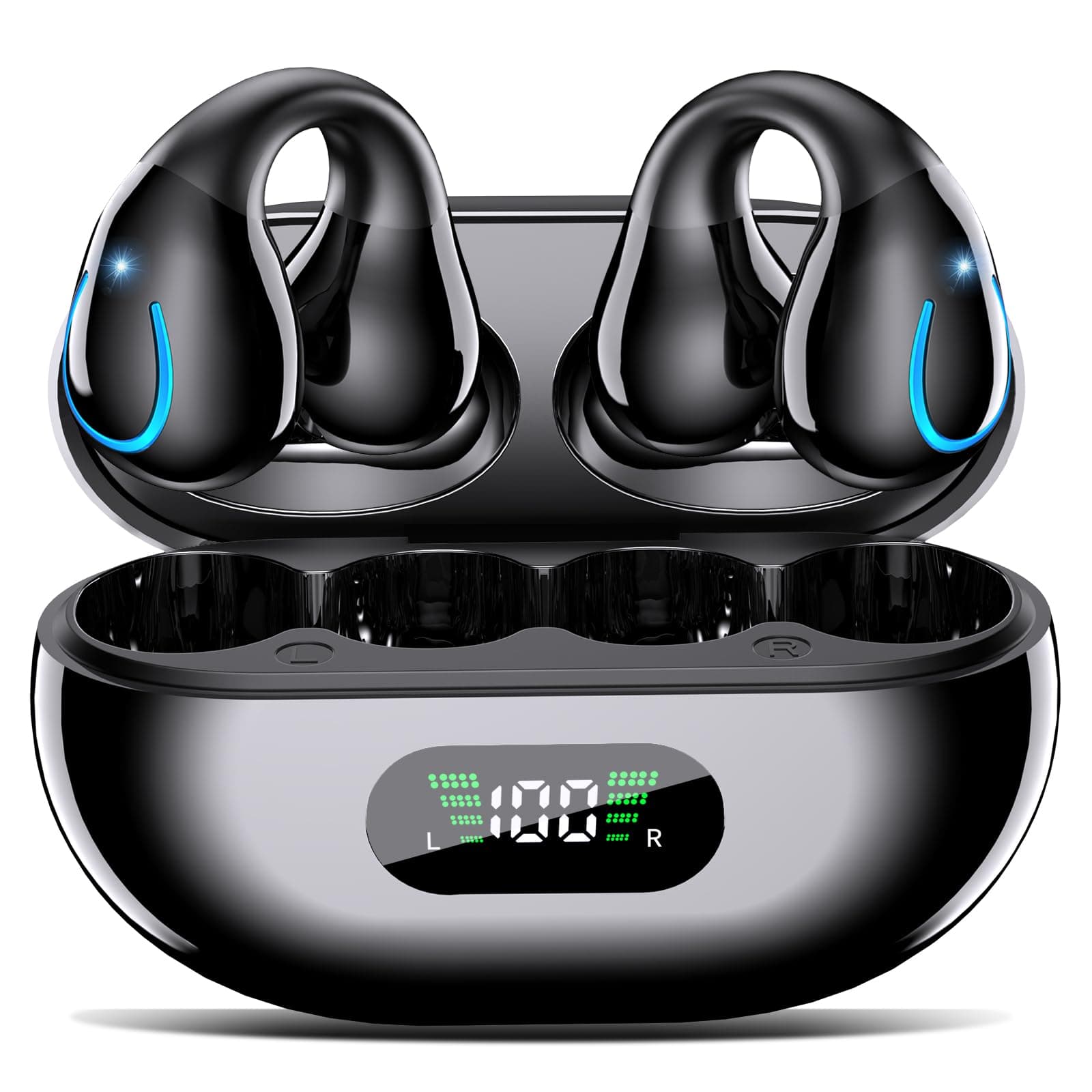 Auriculares Open Ear Bluetooth Deportivos, Clip Oreja, 80H, ENC, IPX7 | Open Ear Clip, 80H Batería, Audio Direccional HiFi 16.3mm, 4 Mic ENC, IPX7 Impermeable, Pantalla LED y Ajuste Seguro