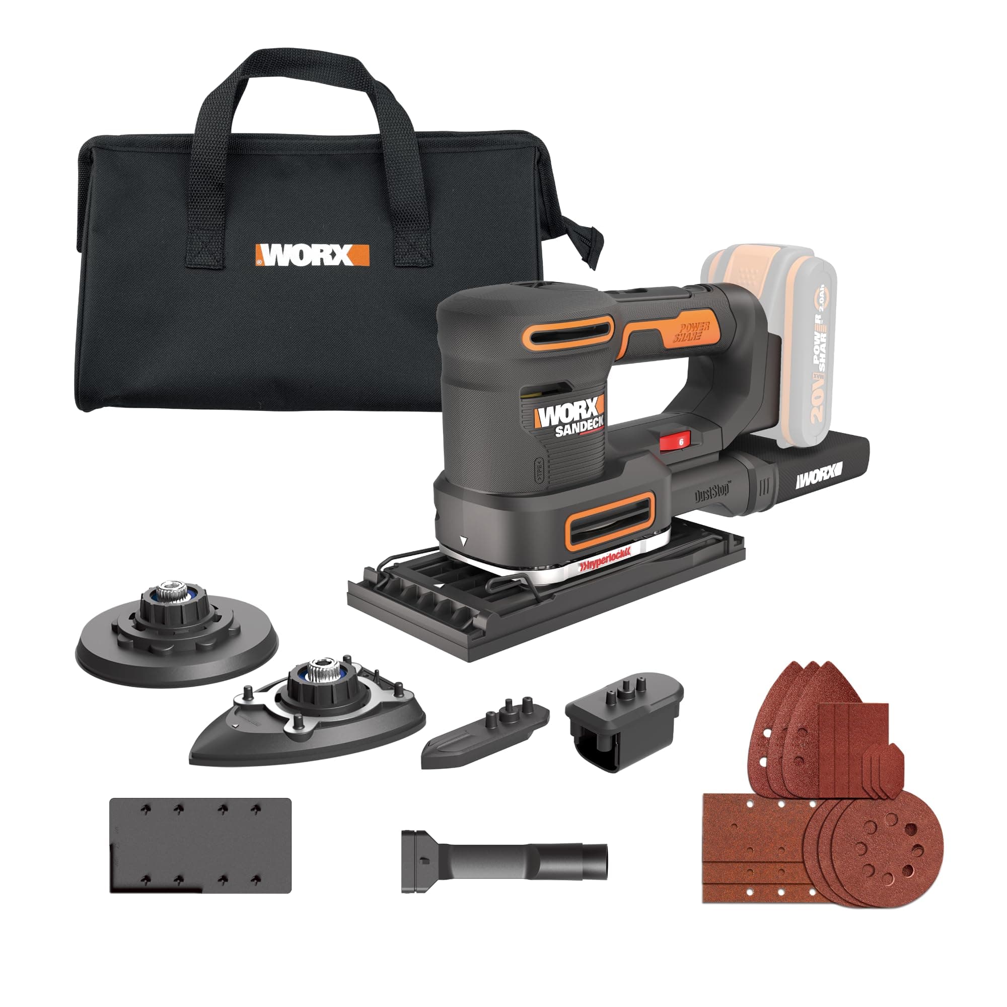 WORX Ponceuse Multifonction sans Fil 20V WX820.9, outil 5 en 1, Vitesse Variable, idéal pour le ponçage de finition, orbital et de détail, livré avec 5 Bases et 15 Abrasifs, sans Batterie ni Chargeur