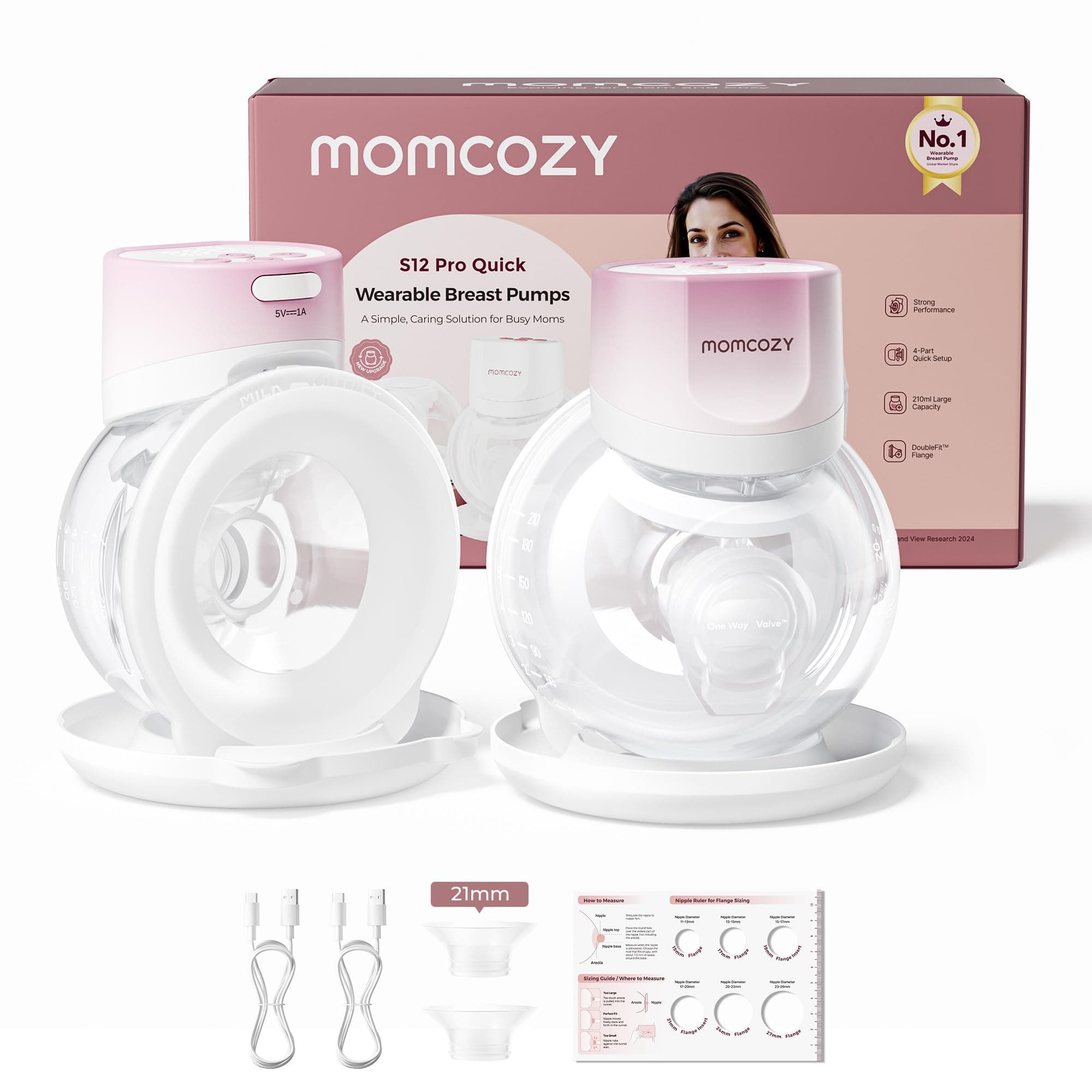 Momcozy Tire Lait S12 Pro Quick, Tire Lait Electrique Main Libre Sans Fil et à Porter, DoubleFit™ Hybrid Flange, 3 Modes & 9 Niveaux, Pompe Portable avec Écran Intelligent, 2 Pièces, Rose