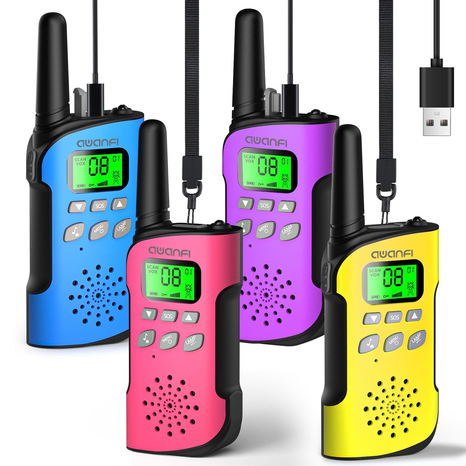 AWANFI Walkie Talkie para Niños 4pc, Walkie Talkie Recargable con Batería Li-Ion, Radio de Larga Alcance, Walkie-Talkies para Camping Senderismo Aventuras, Regalos para Niños de 3 a 12 Años