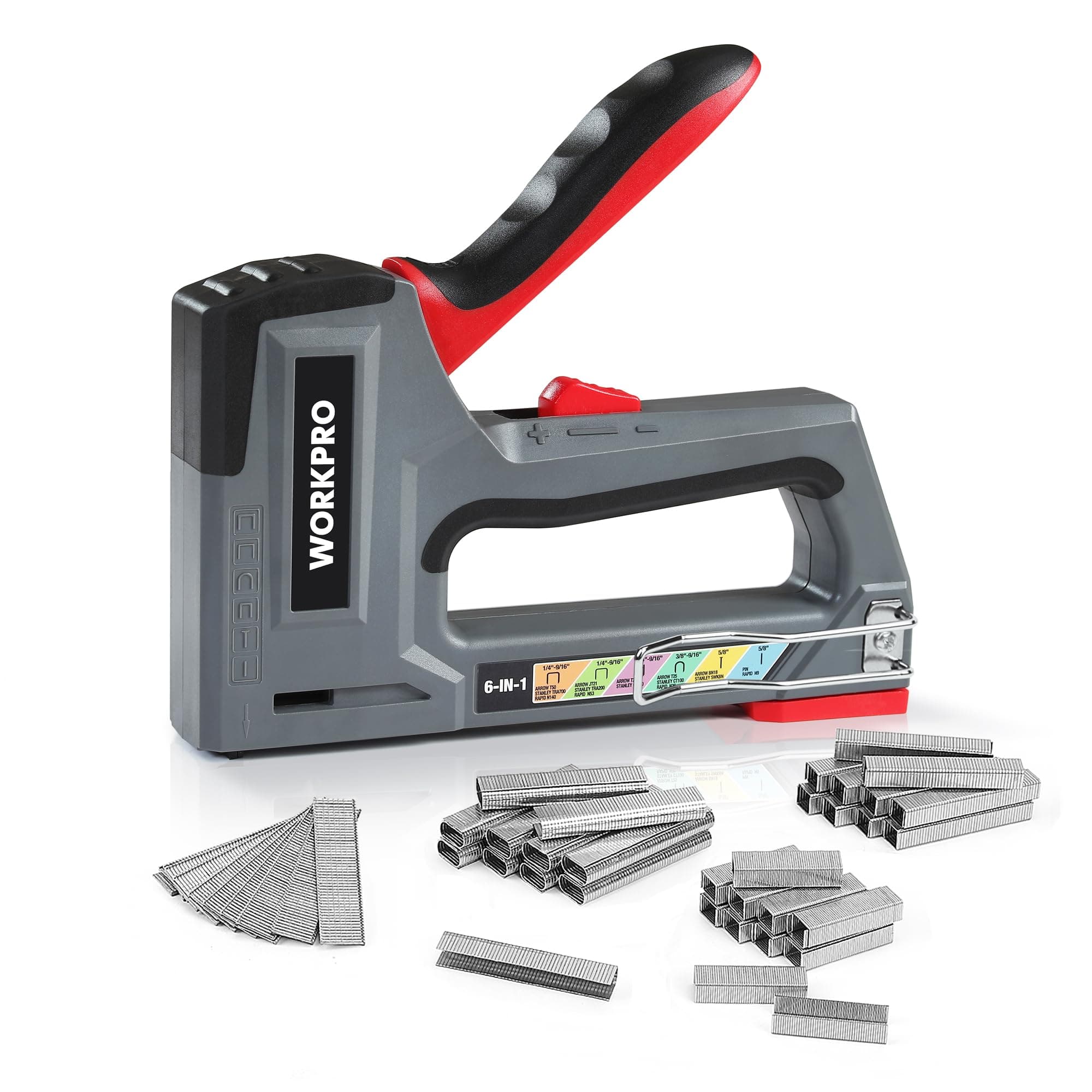 WORKPRO Agrafeuse Murale Multifonction 6 en 1 avec 4000 Agrafes, Agrafeuse Manuelle pour Fixer le Matériel, Décoration de Meuble, Assemblage de Porte, Fenêtre, Armoire