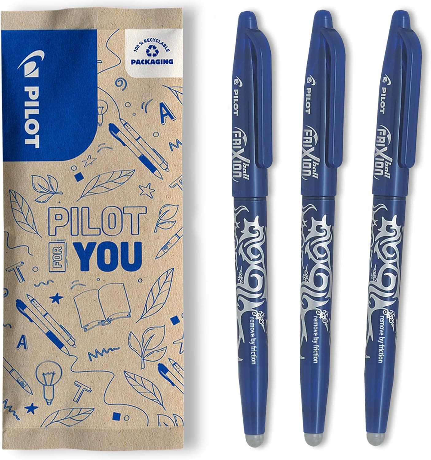 PILOT - Lot de 3 FriXion Ball 07 - Stylo Effaçable à Encre Thermosensible - Stylo Roller Rechargeable - Bleu - Pointe Moyenne
