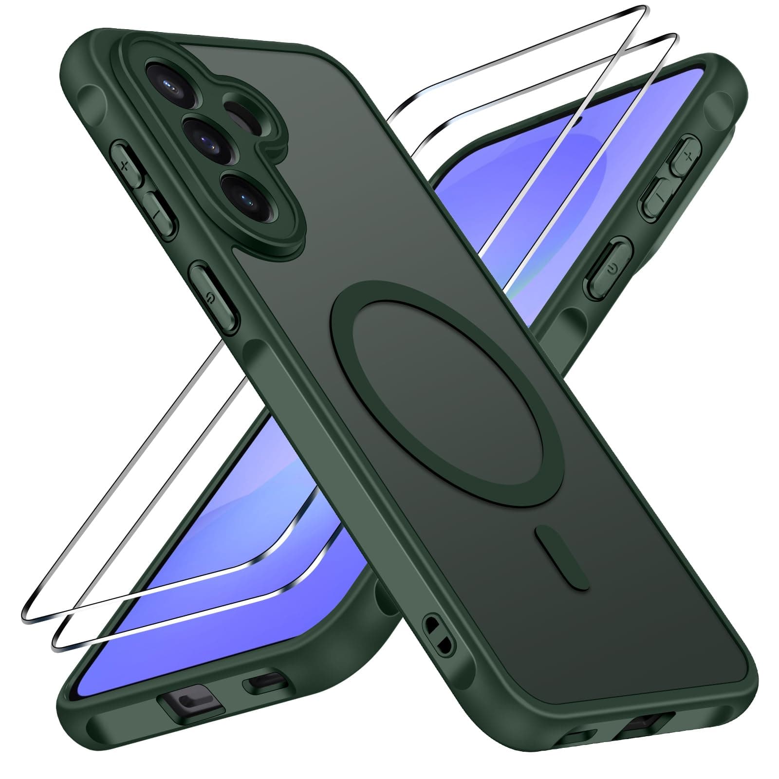 iVoler Cover Magnetica per Samsung Galaxy A57 5G, 2 Pezzi Vetro Temperato, Antiurto Militare, Custodia Opaca Sottile Anti-Impronte, Verde Profondo