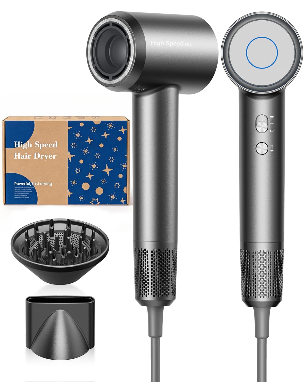 Bannilu Secador de Pelo Iónico de Alta Velocidad, Ligero, Motor Sin Escobillas 160.000 RPM, Secado Rápido, Anti Encrespamiento, Bajo Ruido, con Difusor y Boquilla, Enchufe UE, Gris