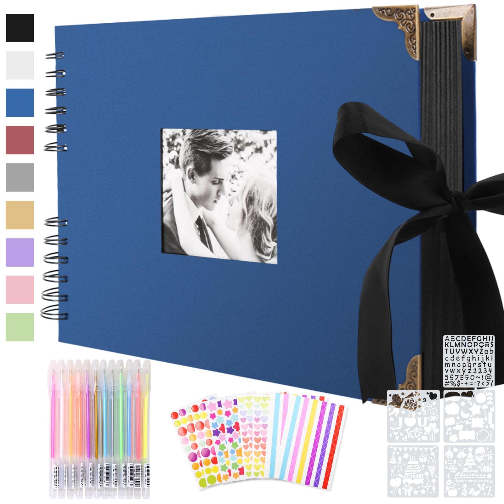 Album de Fotos Scrapbook Espiral, 80 Páginas Azul Marino DIY Album Set con 2 Pcs Photo Corners, 6 Pcs Pegatinas, 5 Plantillas, 12 Rotuladores de Colores, para Boda, Aniversario, Cumpleaños, Navida